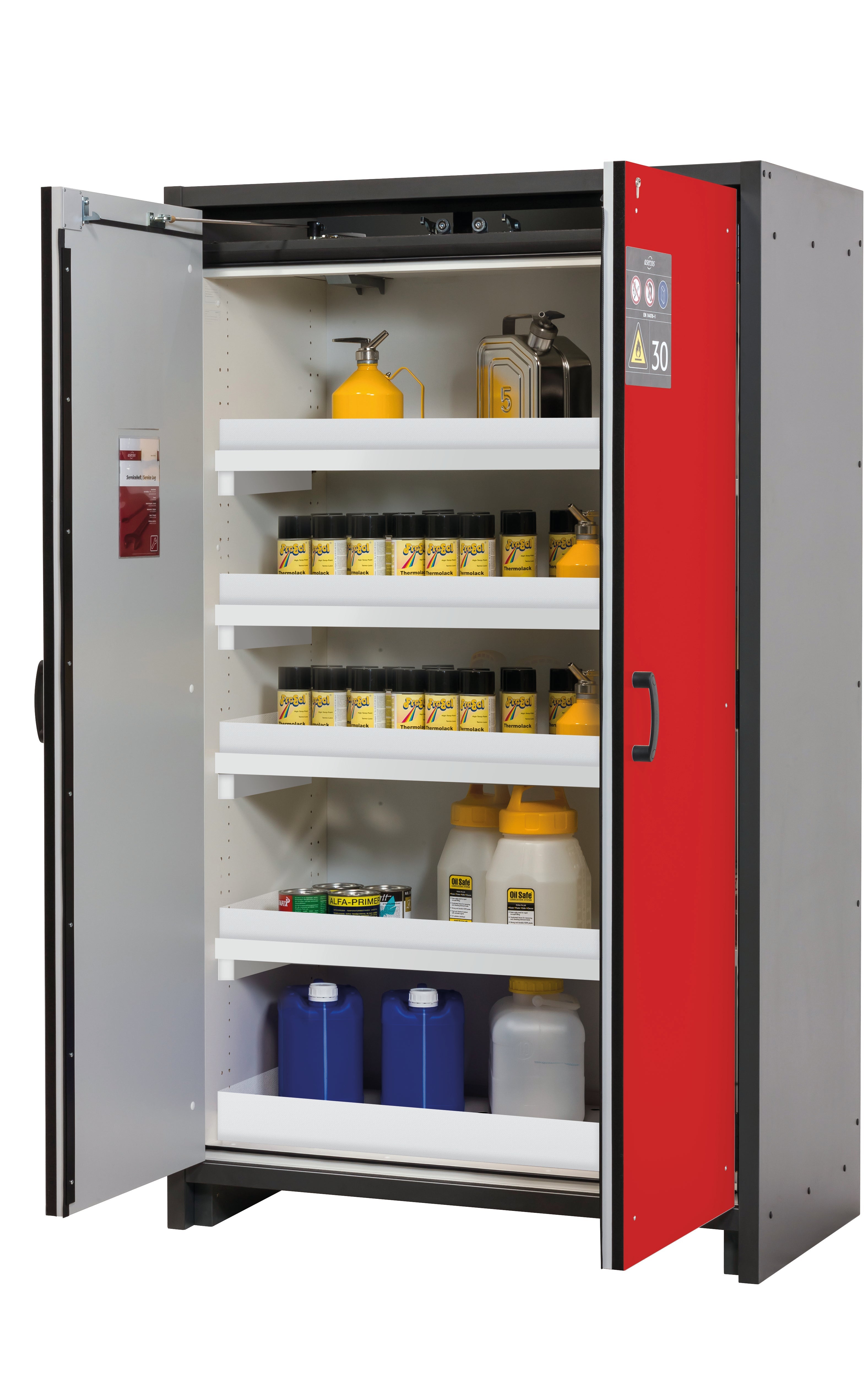 Typ 30 Sicherheitsschrank Q-CLASSIC-30 Modell Q30.195.116 in verkehrsrot RAL 3020 mit 4x Wannenboden Standard (Polypropylen)