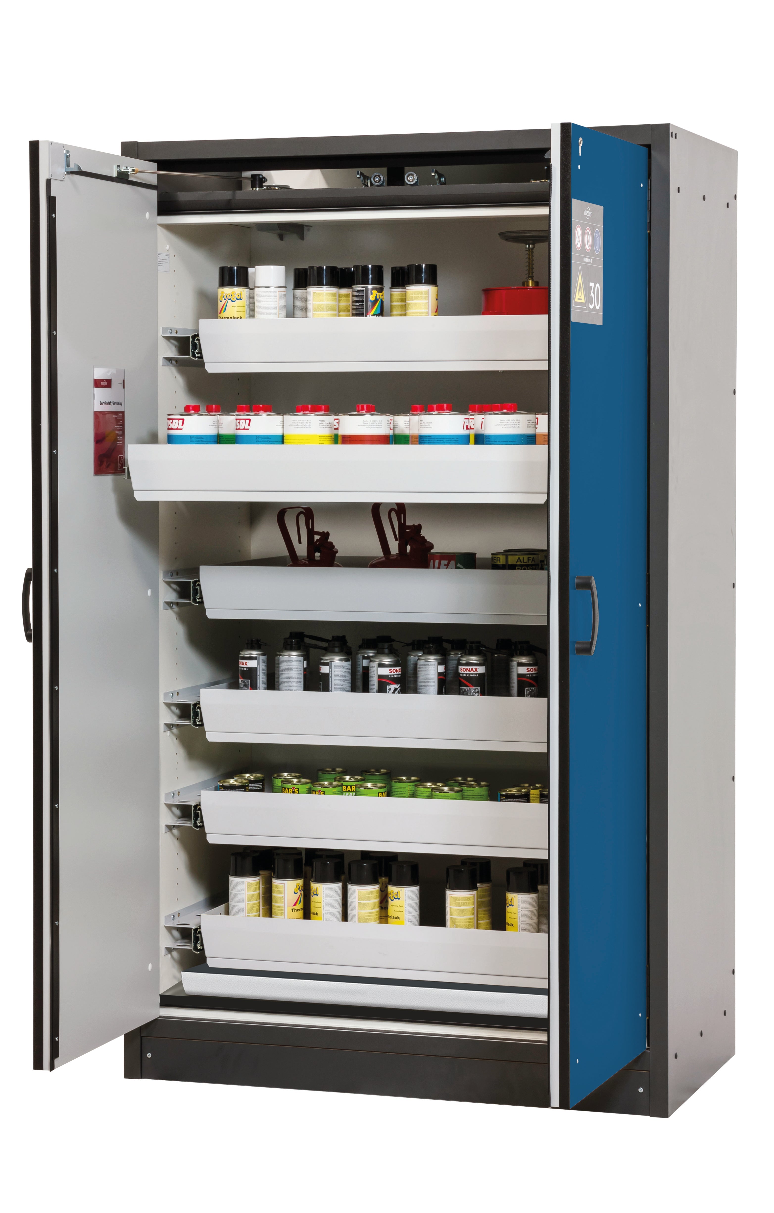 Type 30 safety cabinet Q-CLASSIC-30 model Q30.195.116 in gentian blue RAL 5010 with 6x standard pull-out tray (sheet steel)