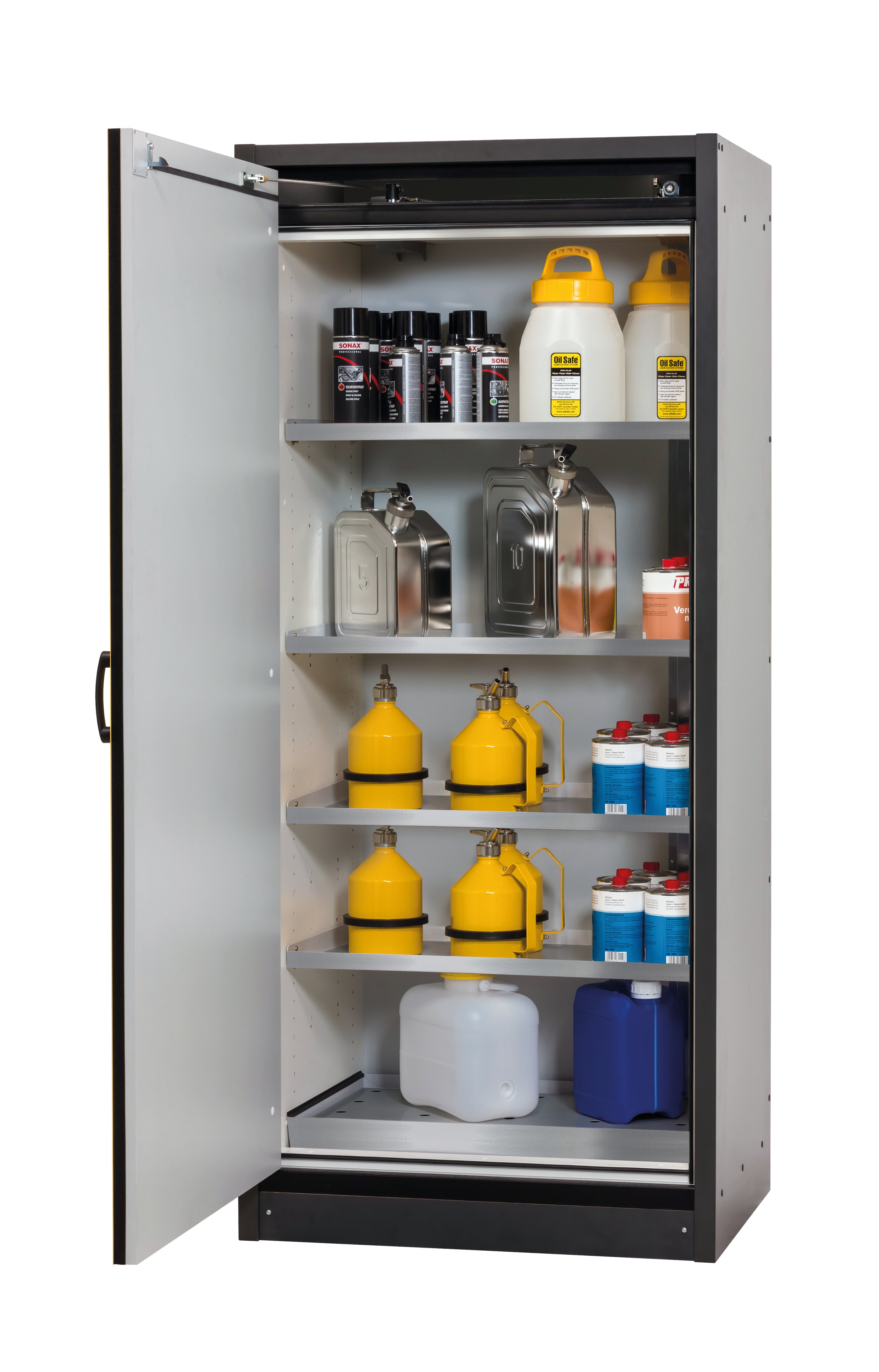 Typ 30 Sicherheitsschrank Q-CLASSIC-30 Modell Q30.195.086.WD in sicherheitsgelb RAL 1004 mit 4x Fachboden Standard (Edelstahl 1.4301)