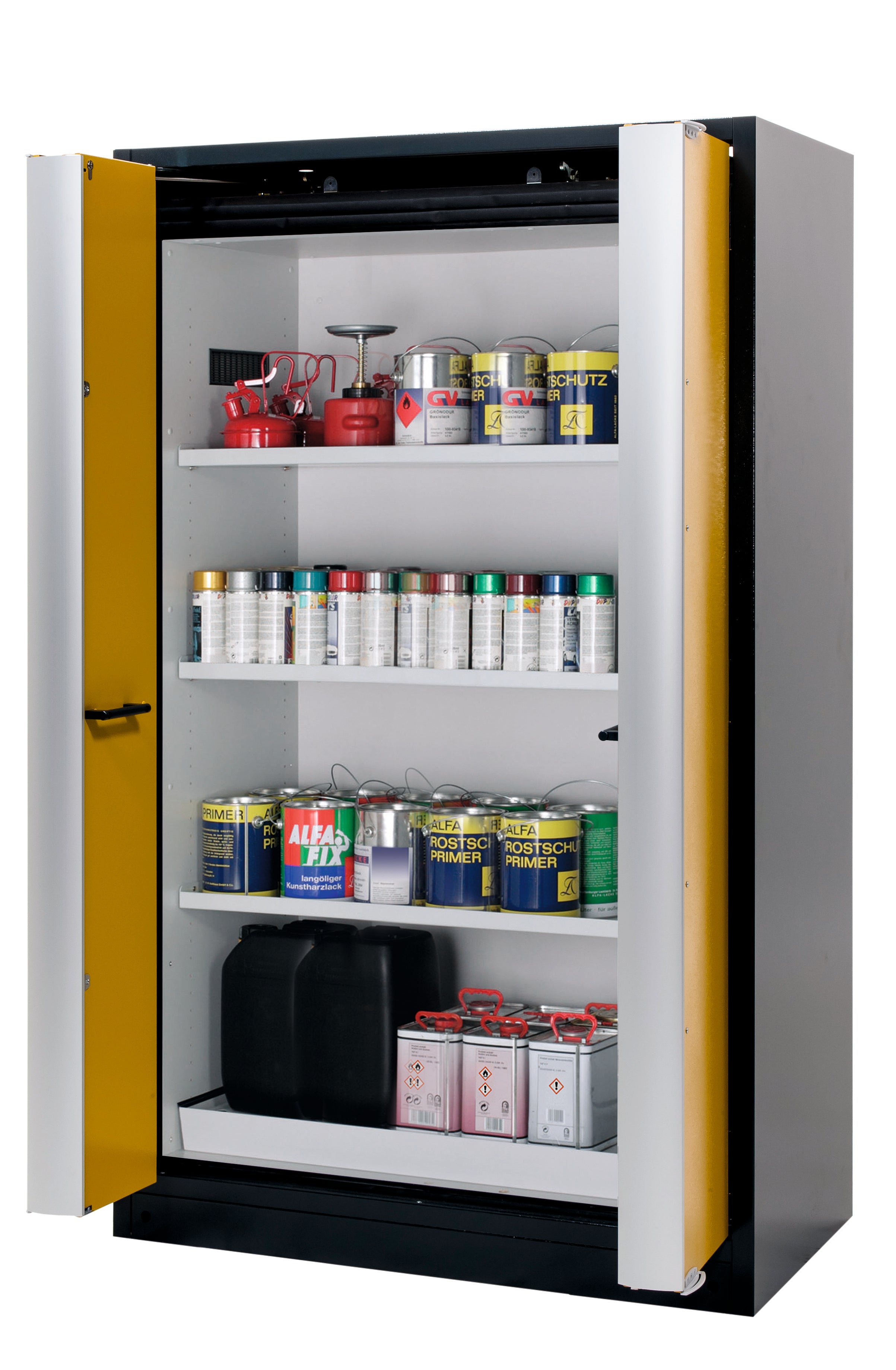 Type 90 safety cabinet Q-PHOENIX-90 model Q90.195.120.FD in safety yellow RAL 1004 with 3x standard shelves (sheet steel)