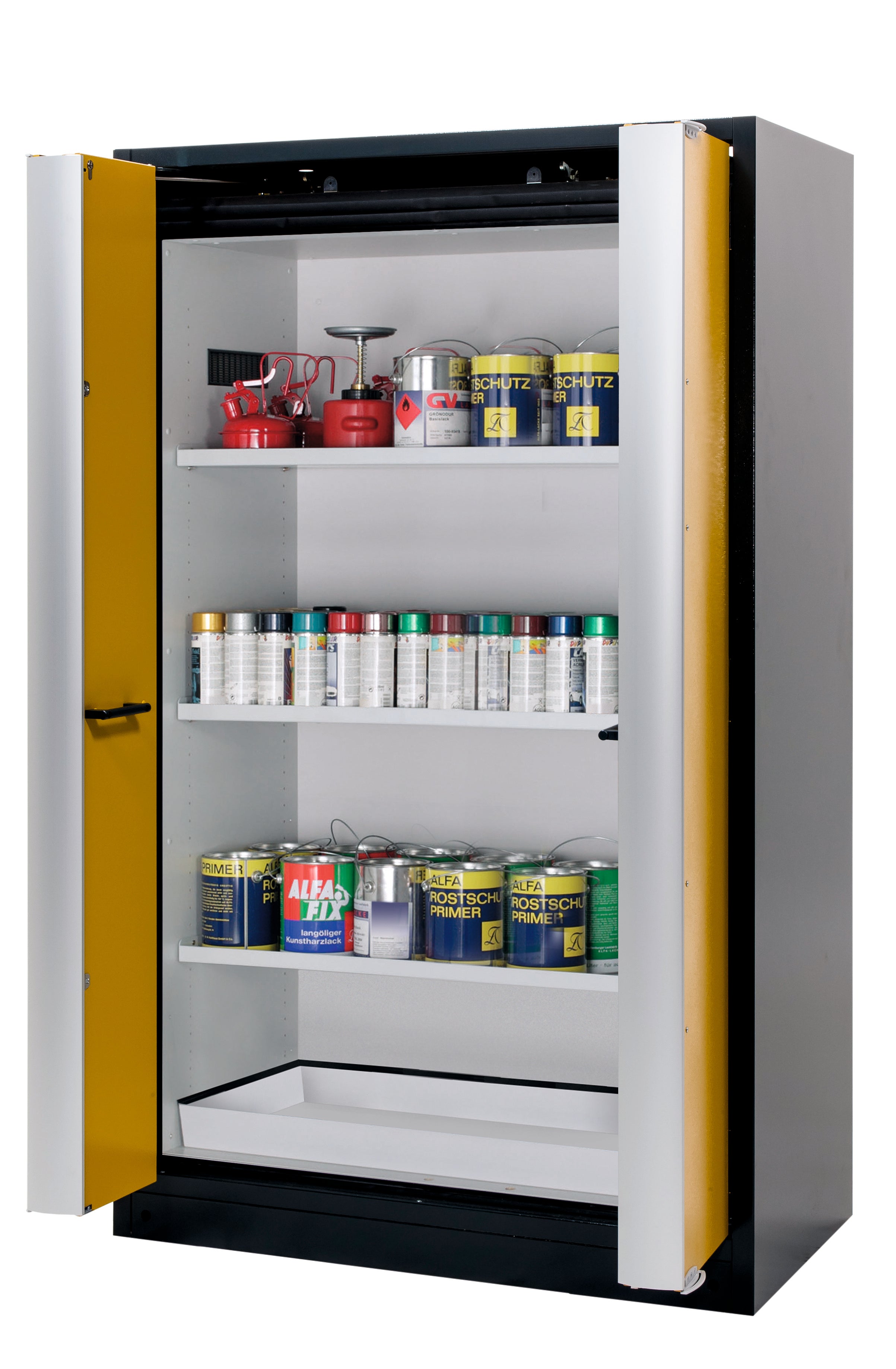 Type 90 safety cabinet Q-PHOENIX-90 model Q90.195.120.FD in safety yellow RAL 1004 with 3x standard shelves (sheet steel)