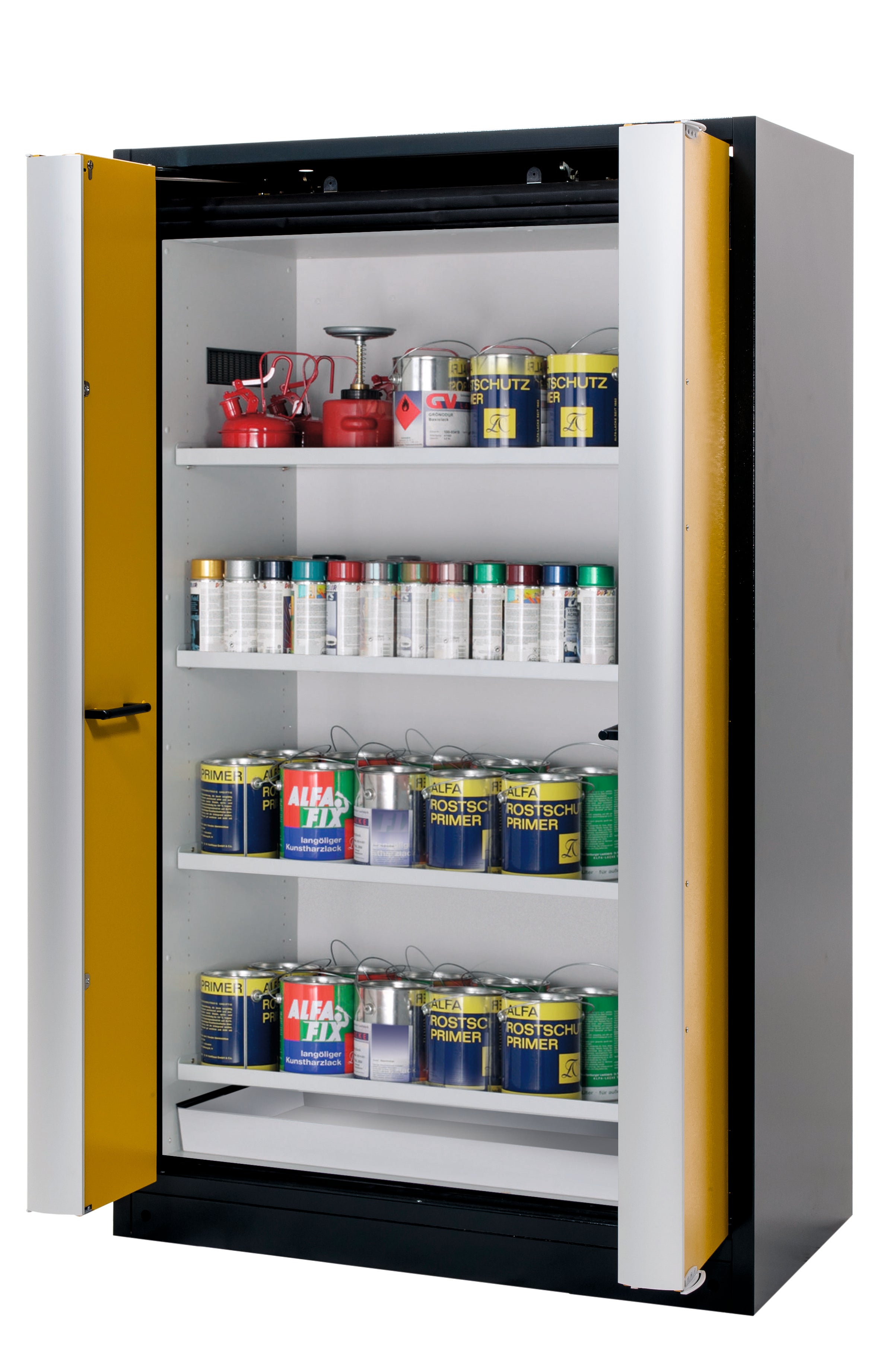 Type 90 safety cabinet Q-PHOENIX-90 model Q90.195.120.FD in safety yellow RAL 1004 with 4x standard shelves (sheet steel)