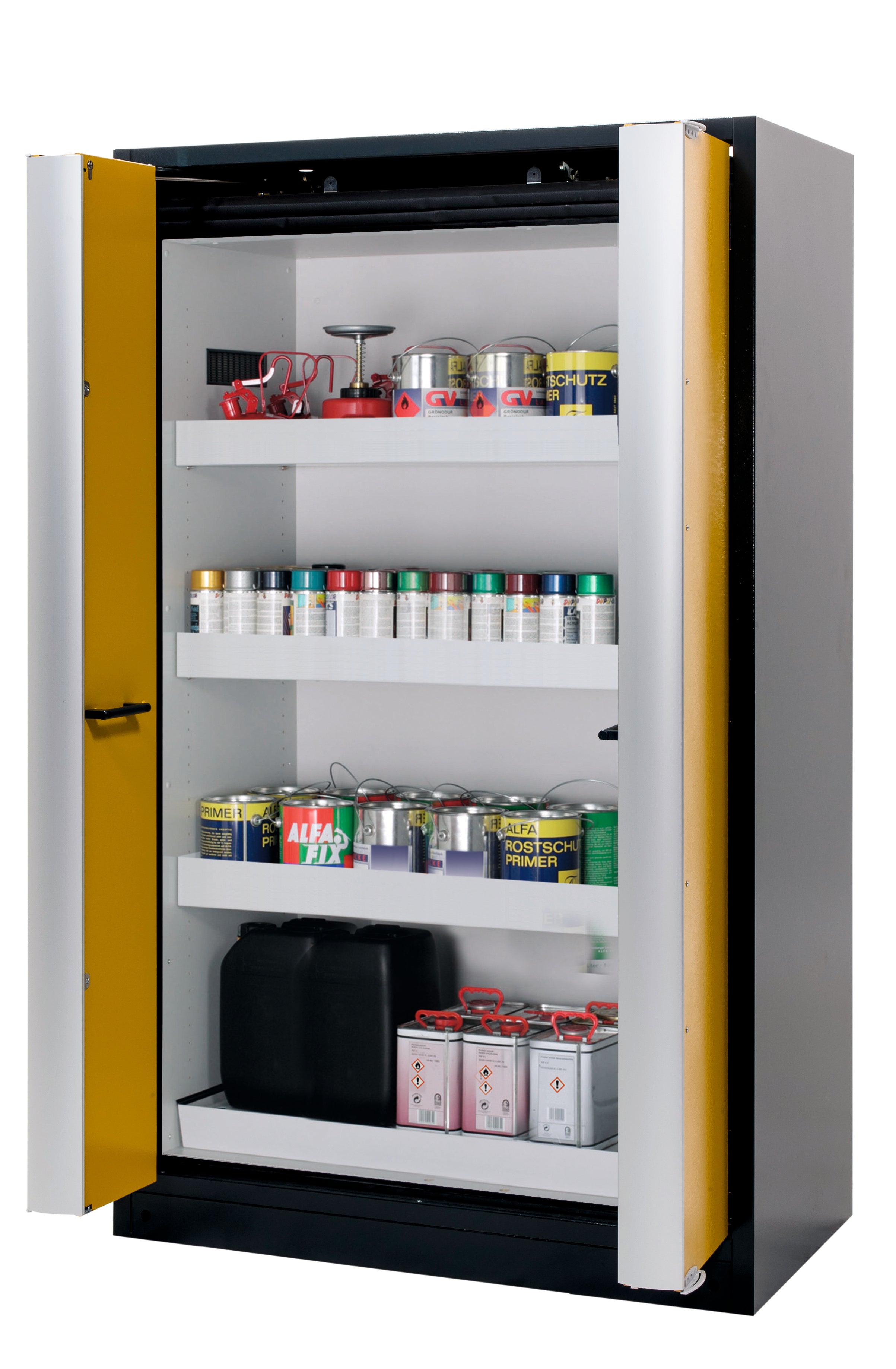 Type 90 safety cabinet Q-PHOENIX-90 model Q90.195.120.FD in safety yellow RAL 1004 with 3x standard tray base (sheet steel)