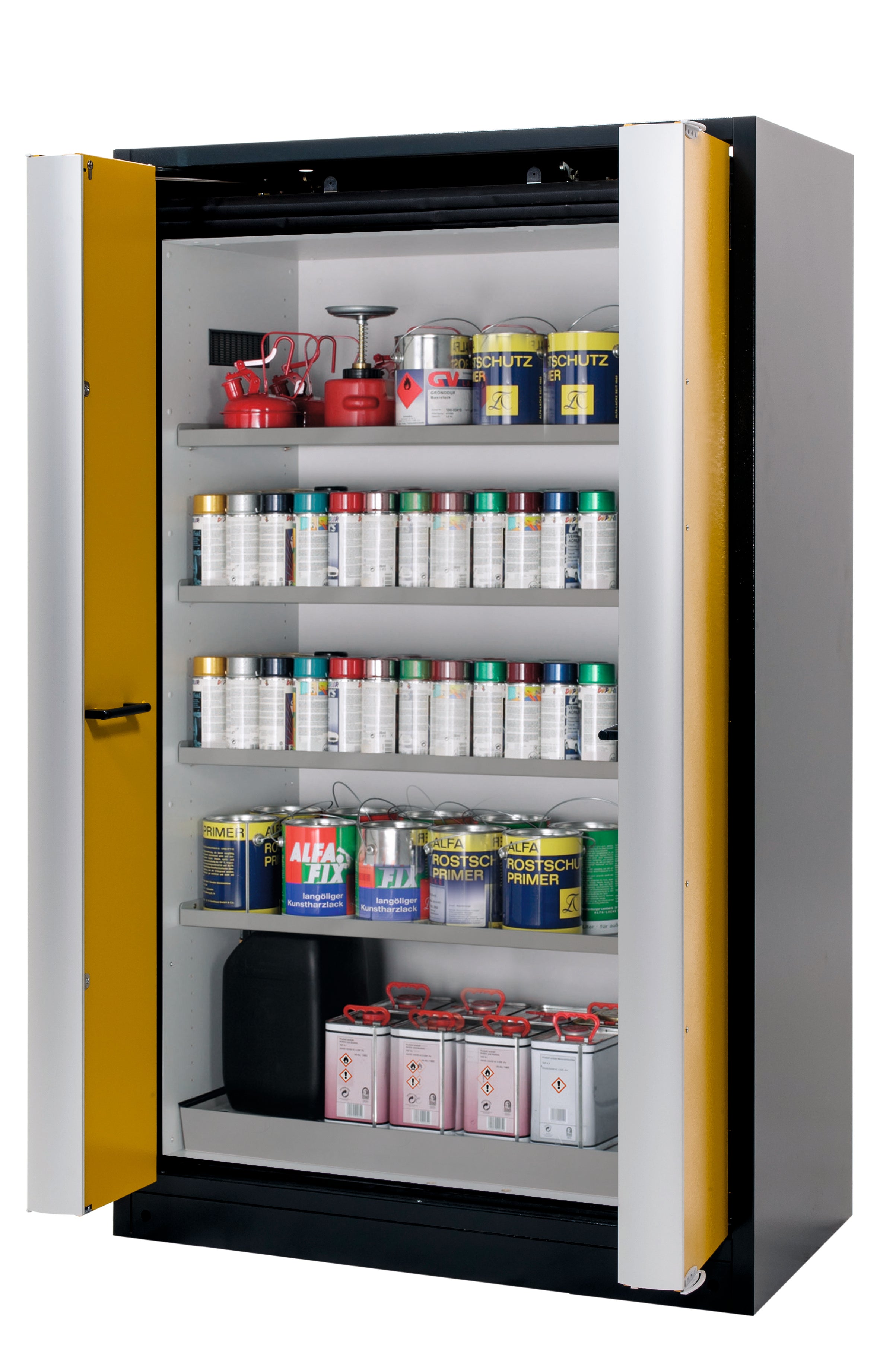 Type 90 safety cabinet Q-PHOENIX-90 model Q90.195.120.FD in safety yellow RAL 1004 with 4x standard shelves (stainless steel 1.4301)