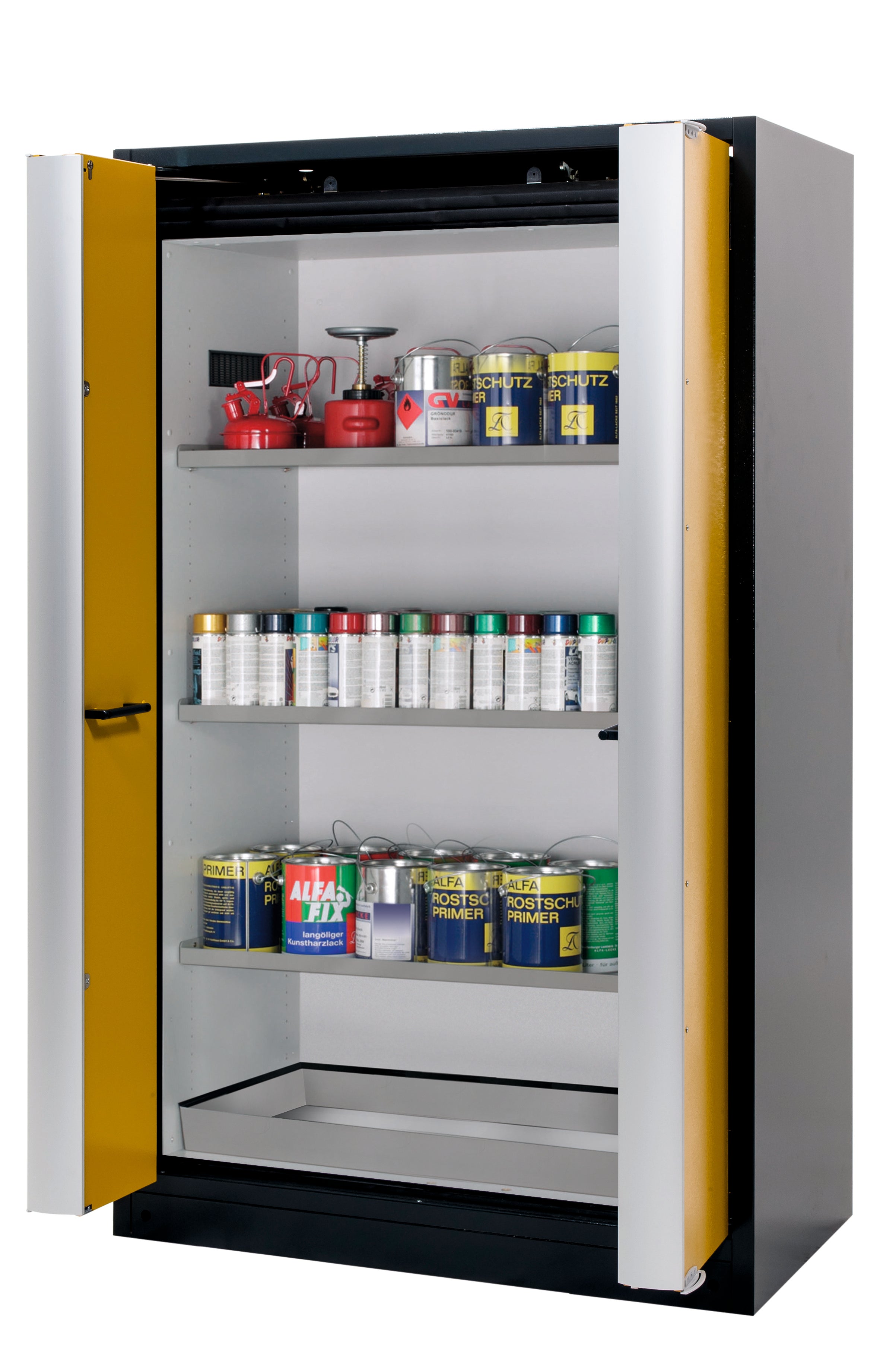 Type 90 safety cabinet Q-PHOENIX-90 model Q90.195.120.FD in safety yellow RAL 1004 with 3x standard shelves (stainless steel 1.4301)
