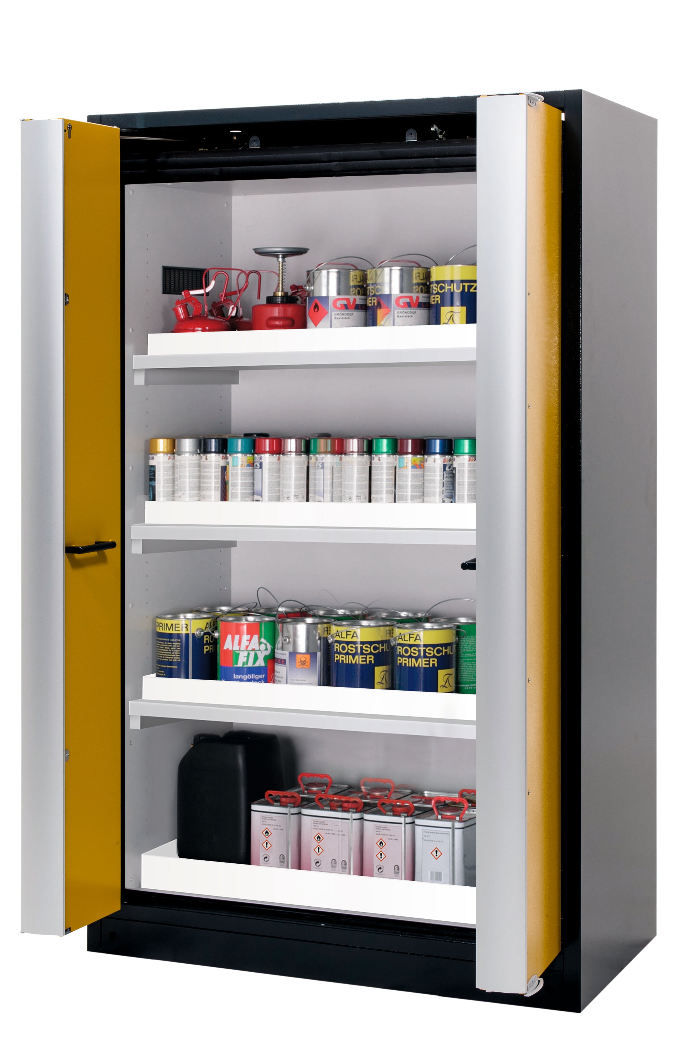 Type 90 safety cabinet Q-PHOENIX-90 model Q90.195.120.FD in safety yellow RAL 1004 with 3x standard tray base (polypropylene)