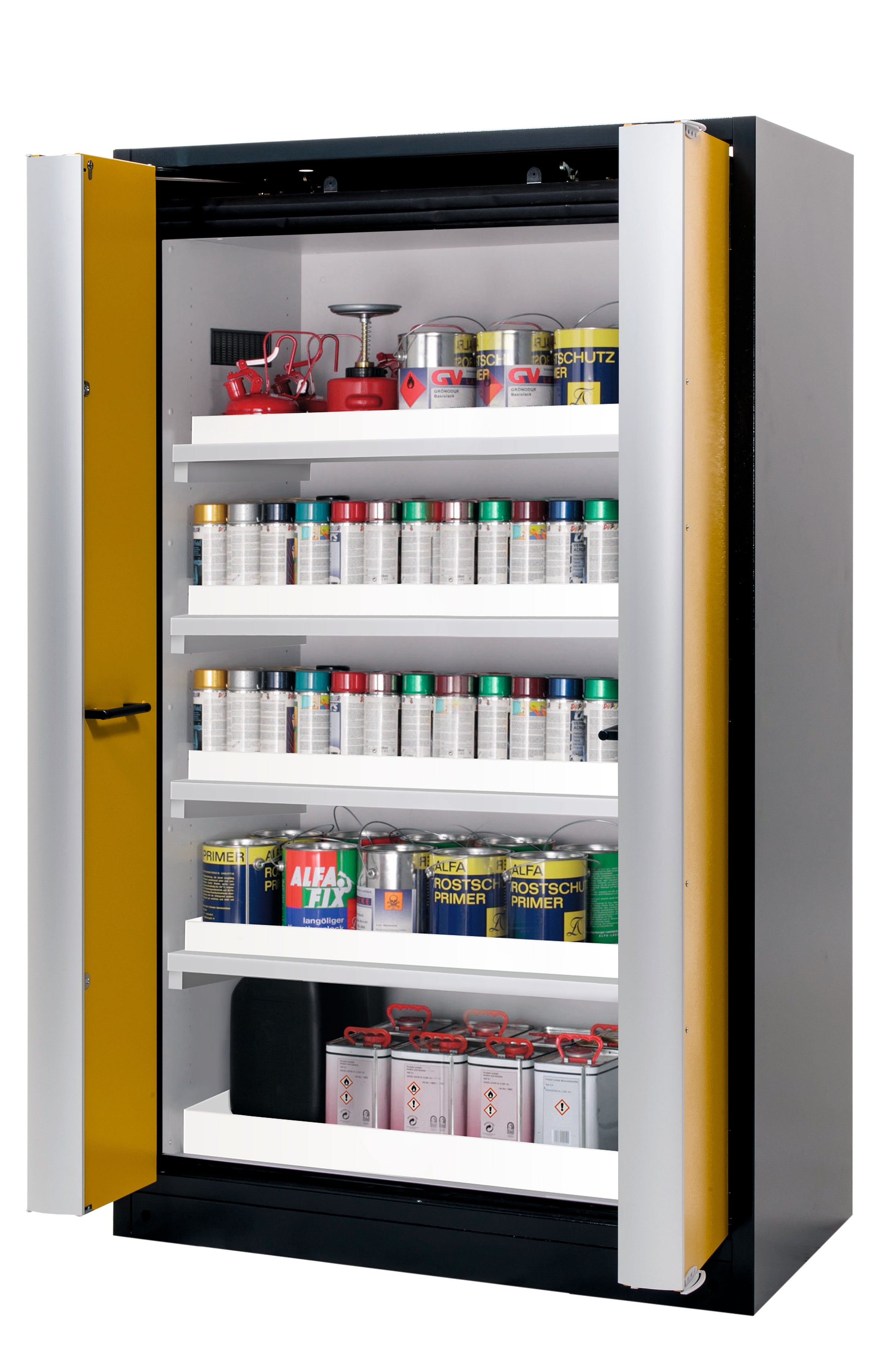 Type 90 safety cabinet Q-PHOENIX-90 model Q90.195.120.FD in safety yellow RAL 1004 with 4x standard tray base (polypropylene)