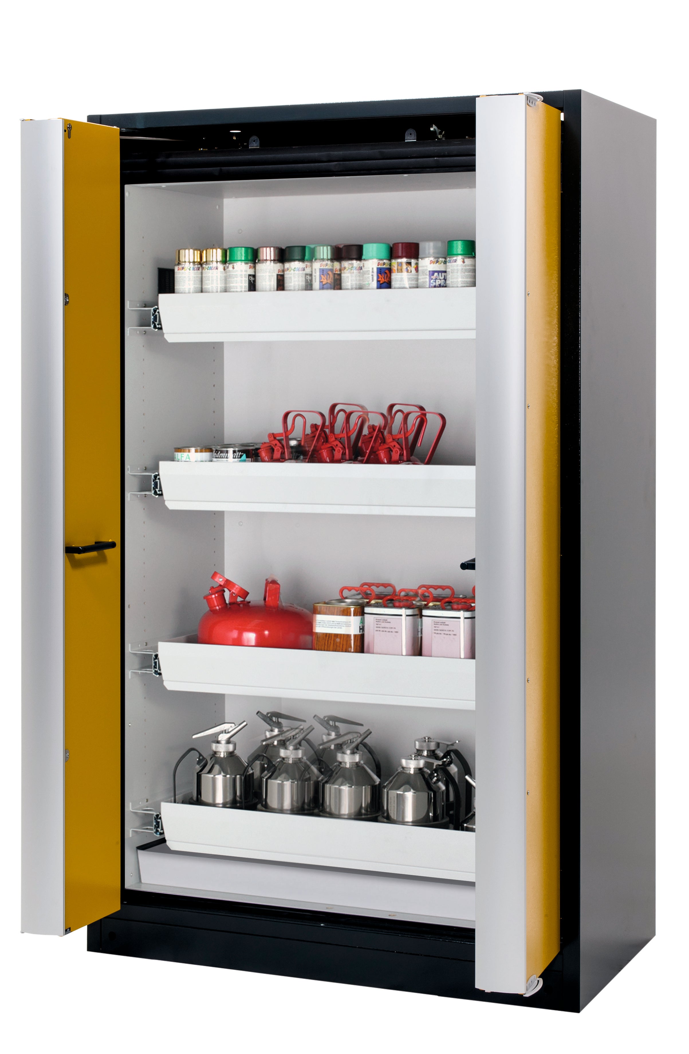 Type 90 safety cabinet Q-PHOENIX-90 model Q90.195.120.FD in safety yellow RAL 1004 with 4x standard pull-out tray (sheet steel)