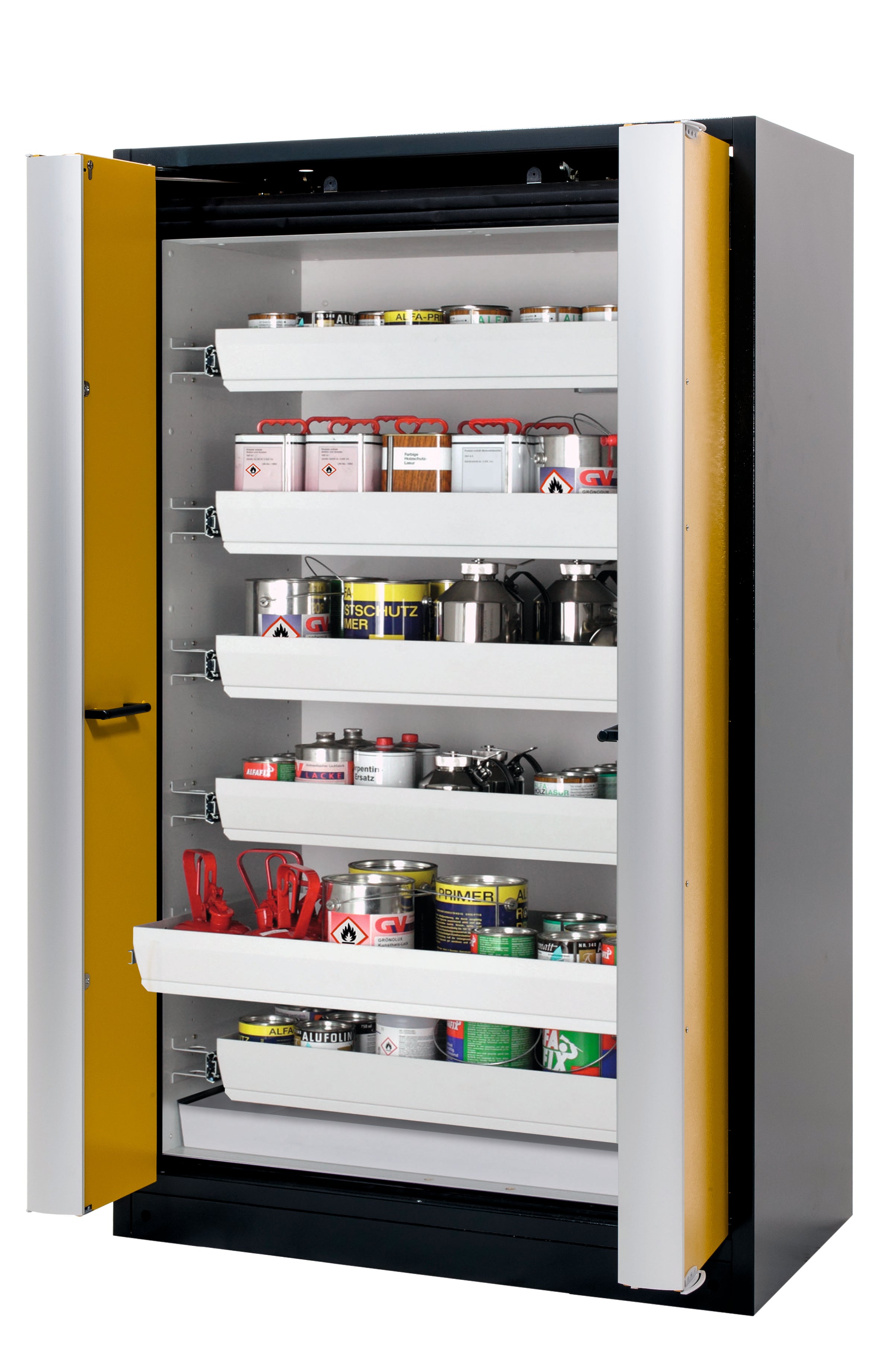 Type 90 safety cabinet Q-PHOENIX-90 model Q90.195.120.FD in safety yellow RAL 1004 with 6x standard pull-out tray (sheet steel)