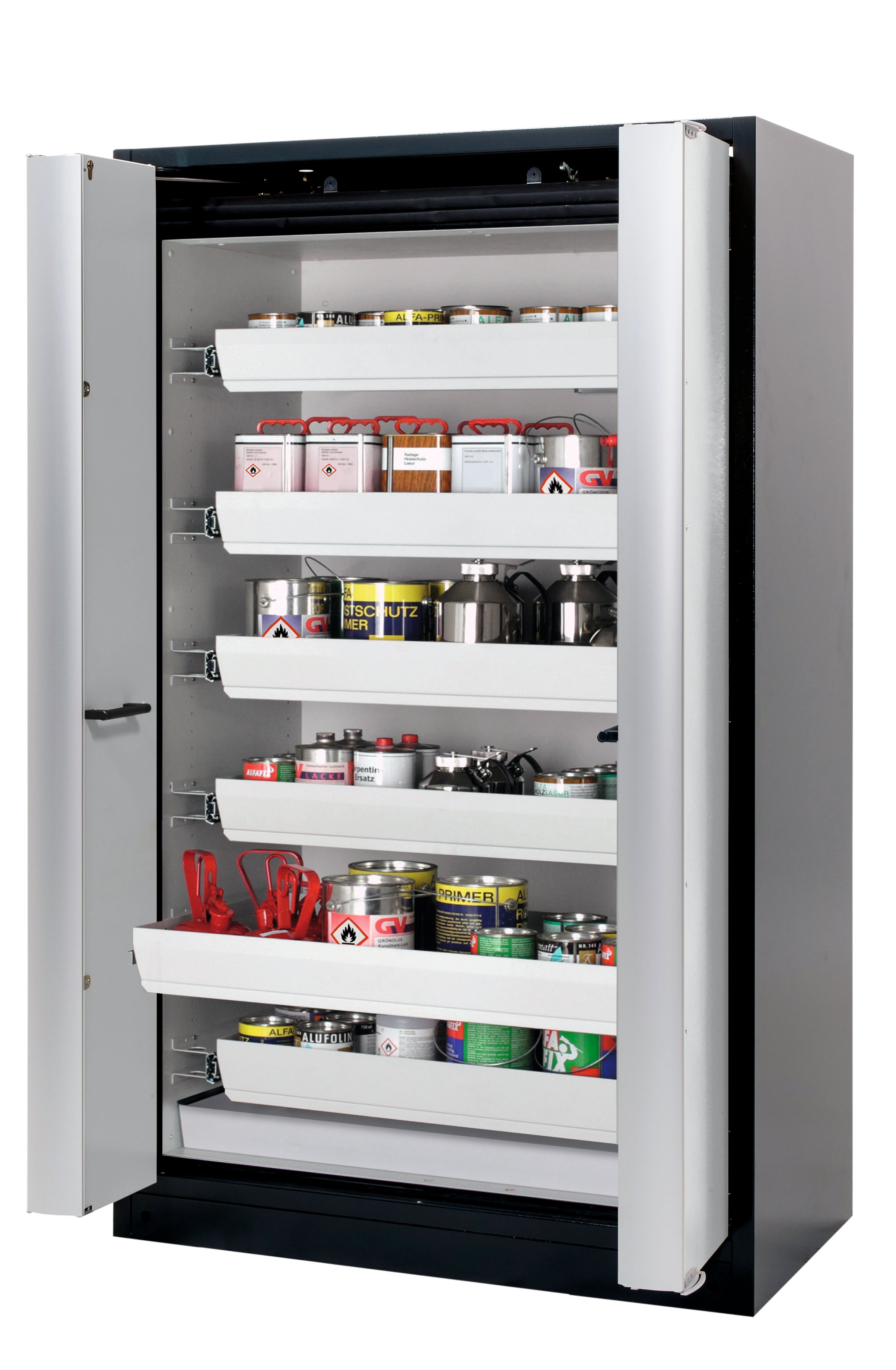 Type 90 safety cabinet Q-PHOENIX-90 model Q90.195.120.FD in light gray RAL 7035 with 6x standard pull-out tray (sheet steel)