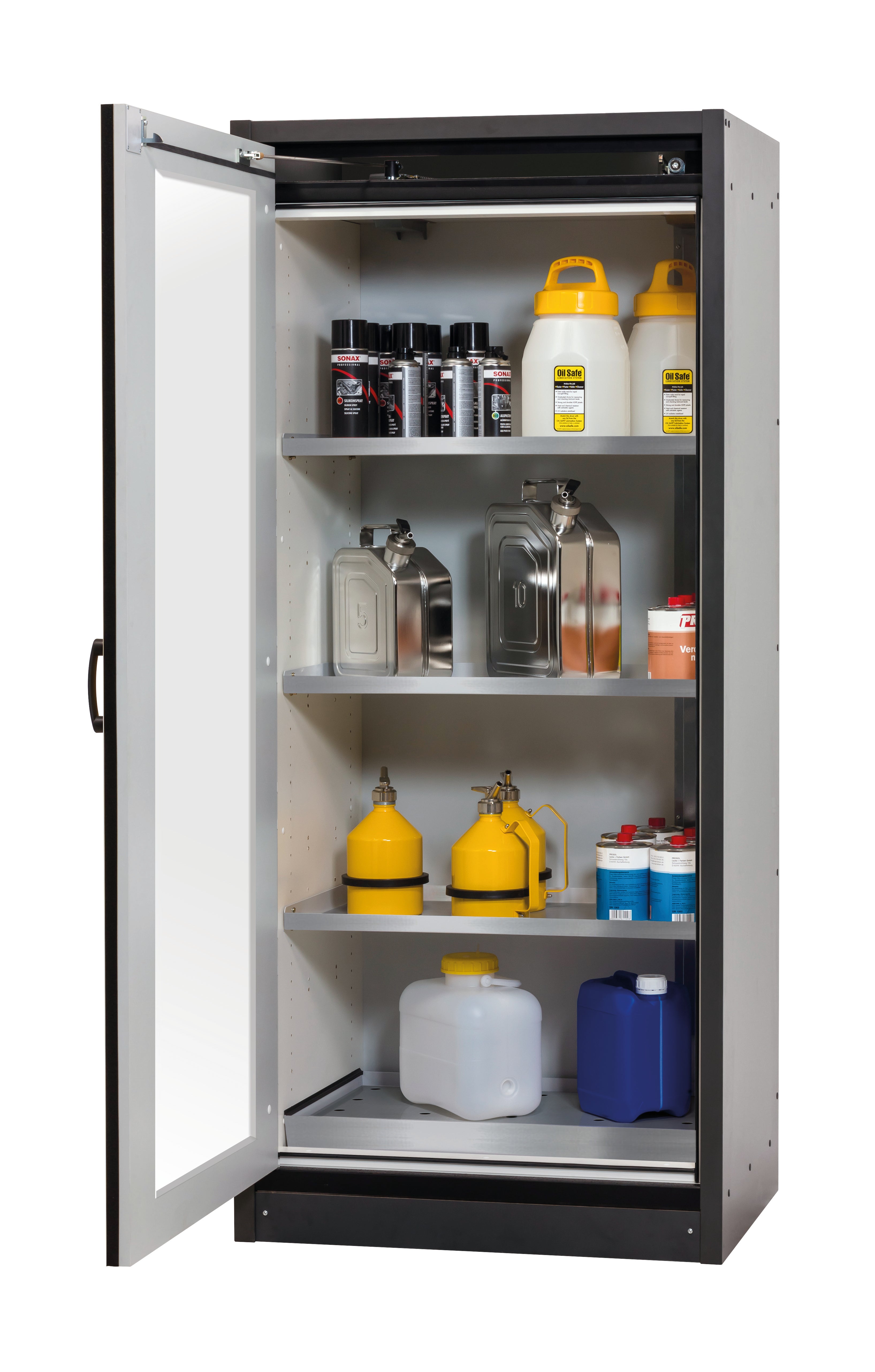 Typ 30 Sicherheitsschrank Q-DISPLAY-30 Modell Q30.195.086.WDFW in lichtgrau RAL 7035 mit 3x Fachboden Standard (Edelstahl 1.4301)