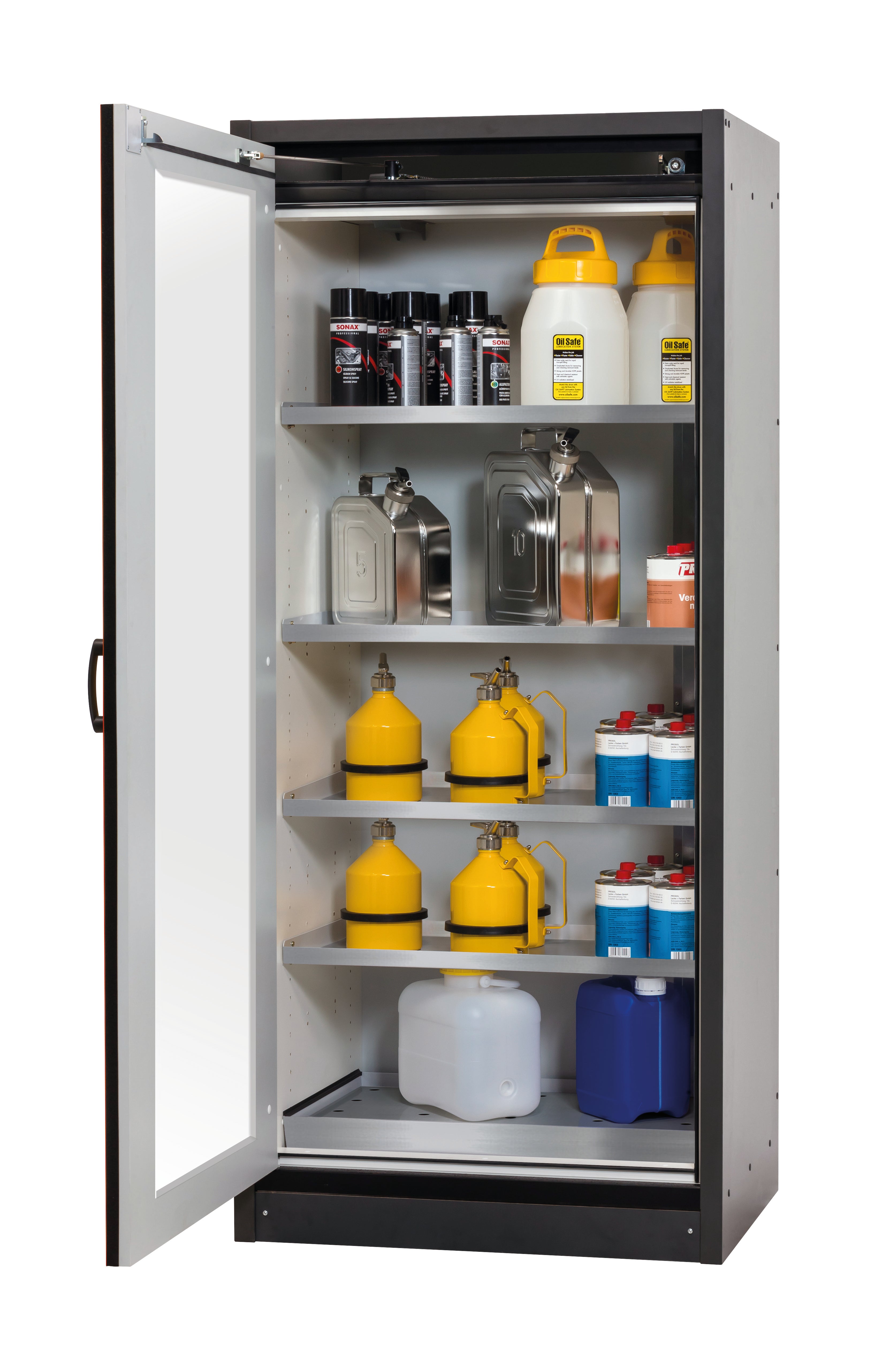 Type 30 safety cabinet Q-DISPLAY-30 model Q30.195.086.WDFW in traffic red RAL 3020 with 4x standard shelves (stainless steel 1.4301)