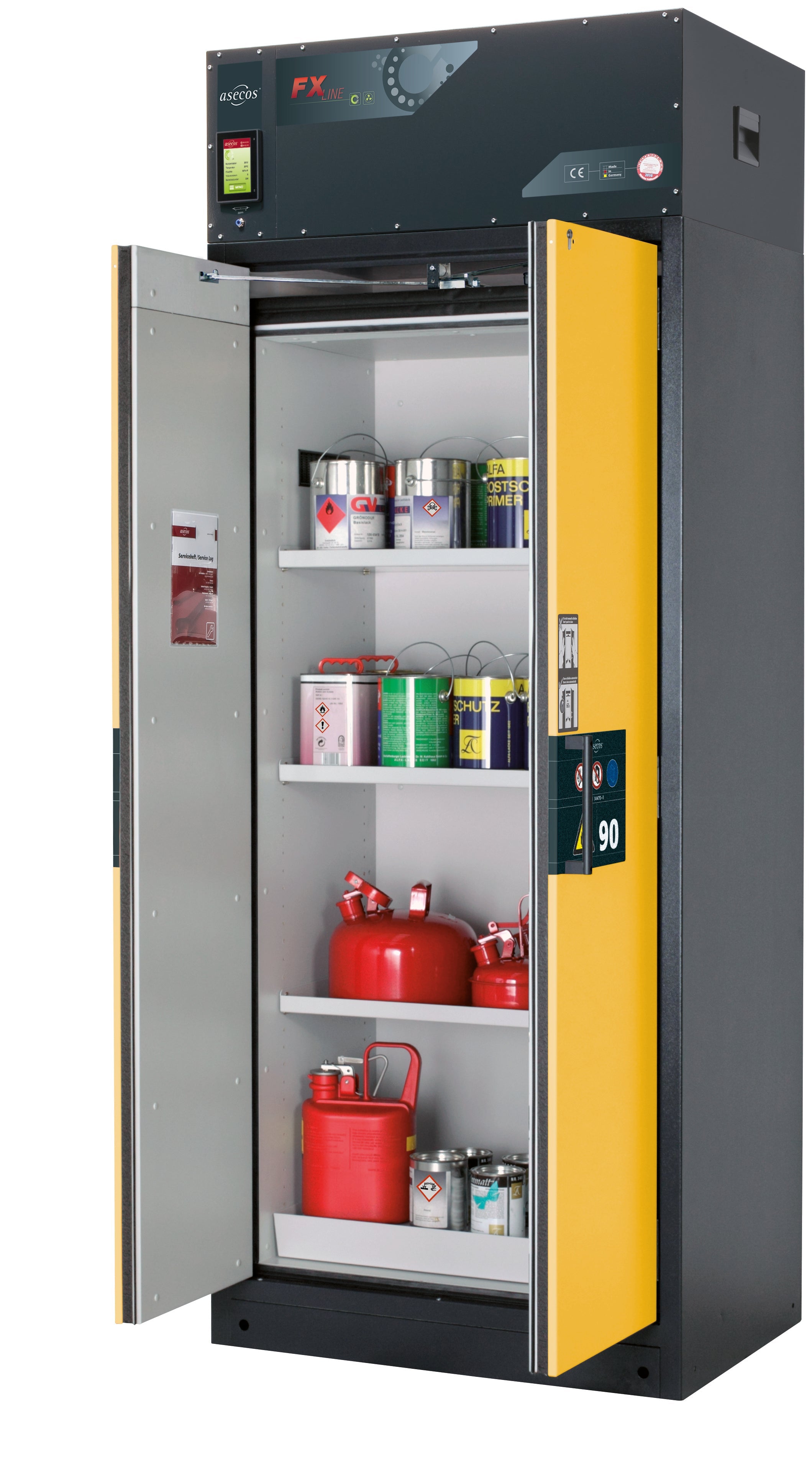 Type 90 recirculating air filter cabinet FX-PEGASUS-90 model FX90.229.090.WDAC in safety yellow RAL 1004 with 3x standard shelves (sheet steel)