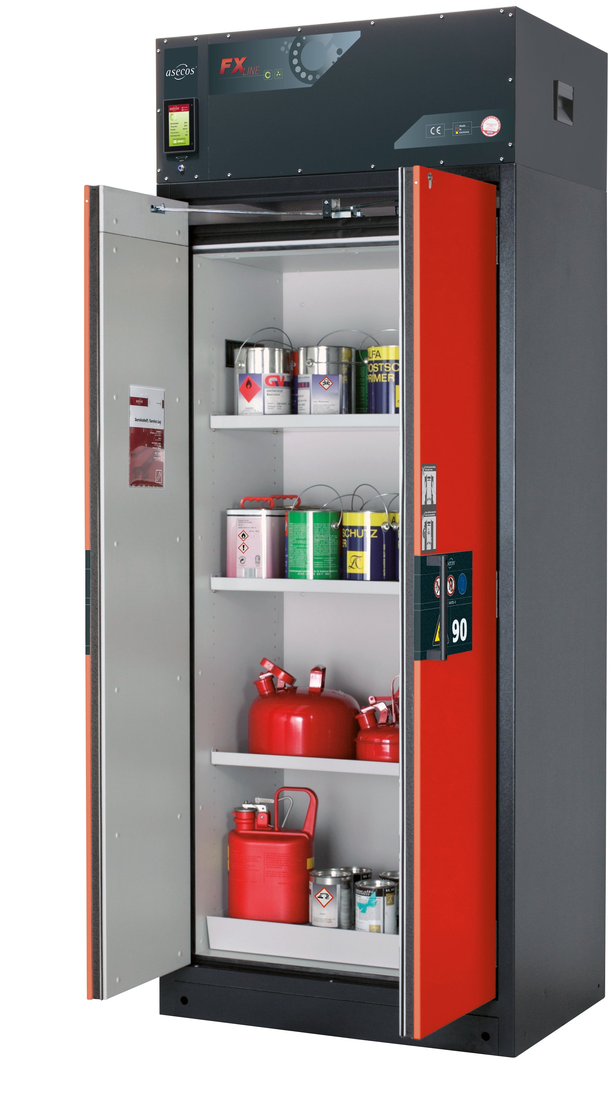 Typ 90 Umluftfilterschrank FX-PEGASUS-90 Modell FX90.229.090.WDAC in verkehrsrot RAL 3020 mit 3x Fachboden Standard (Stahlblech)