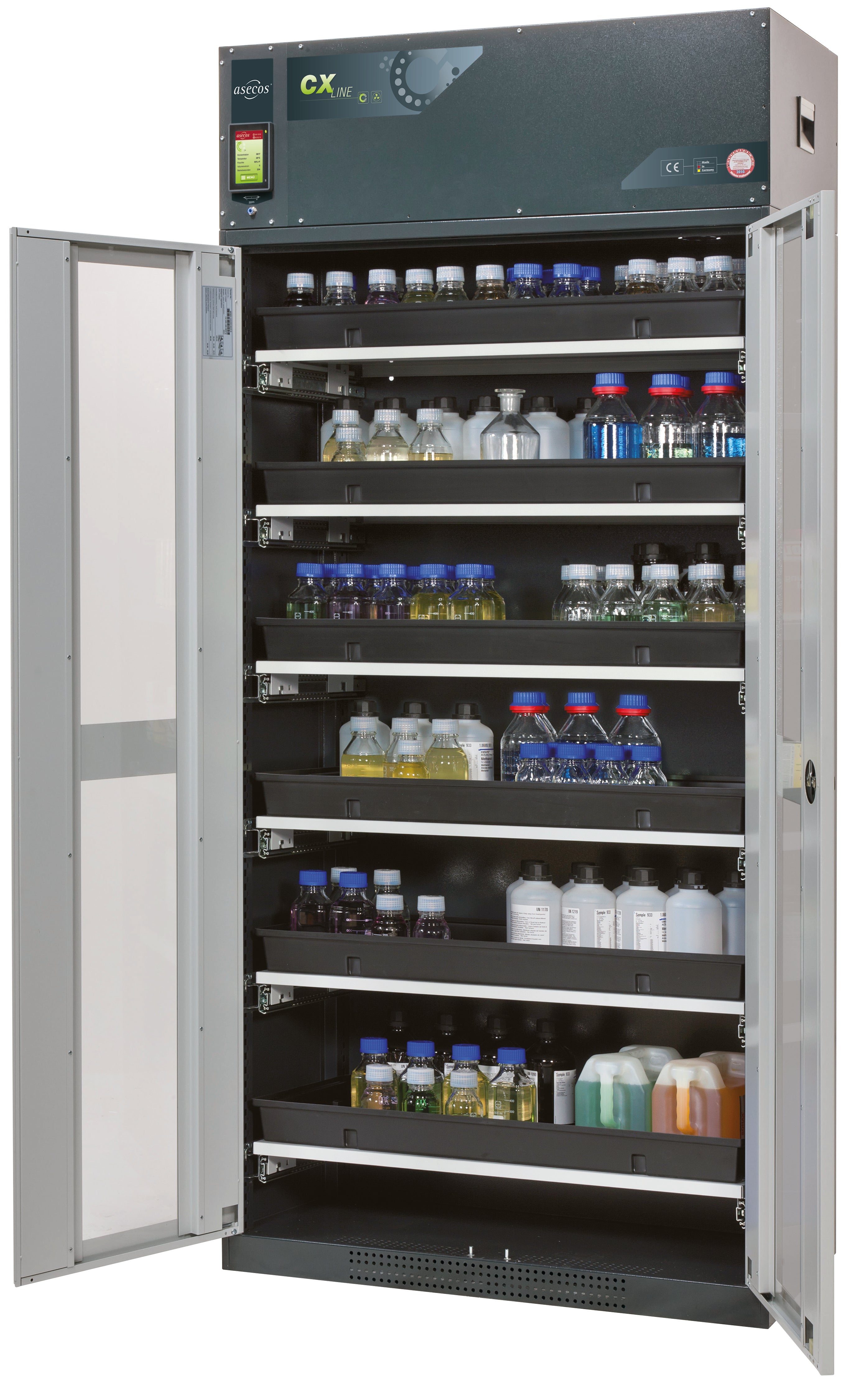 Recirculating air filter cabinet CX-CLASSIC-G model CX.229.105.WDFW in light gray RAL 7035 with 6x AbZ shelf pull-outs (sheet steel/polypropylene)
