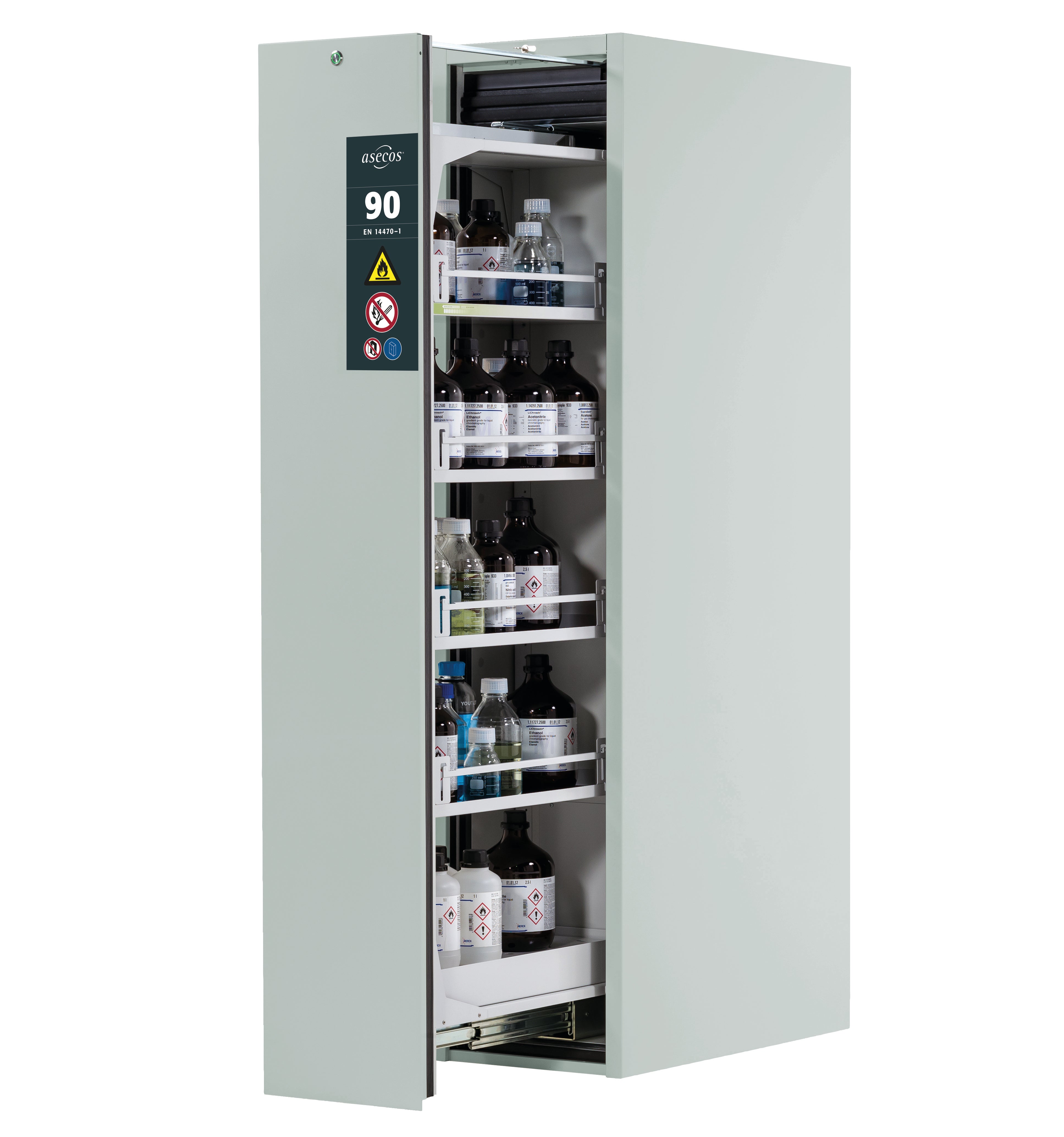Type 90 safety cabinet V-MOVE-90 model V90.196.045.VDAC:0012 in light gray RAL 7035 with 4x standard shelves (sheet steel)