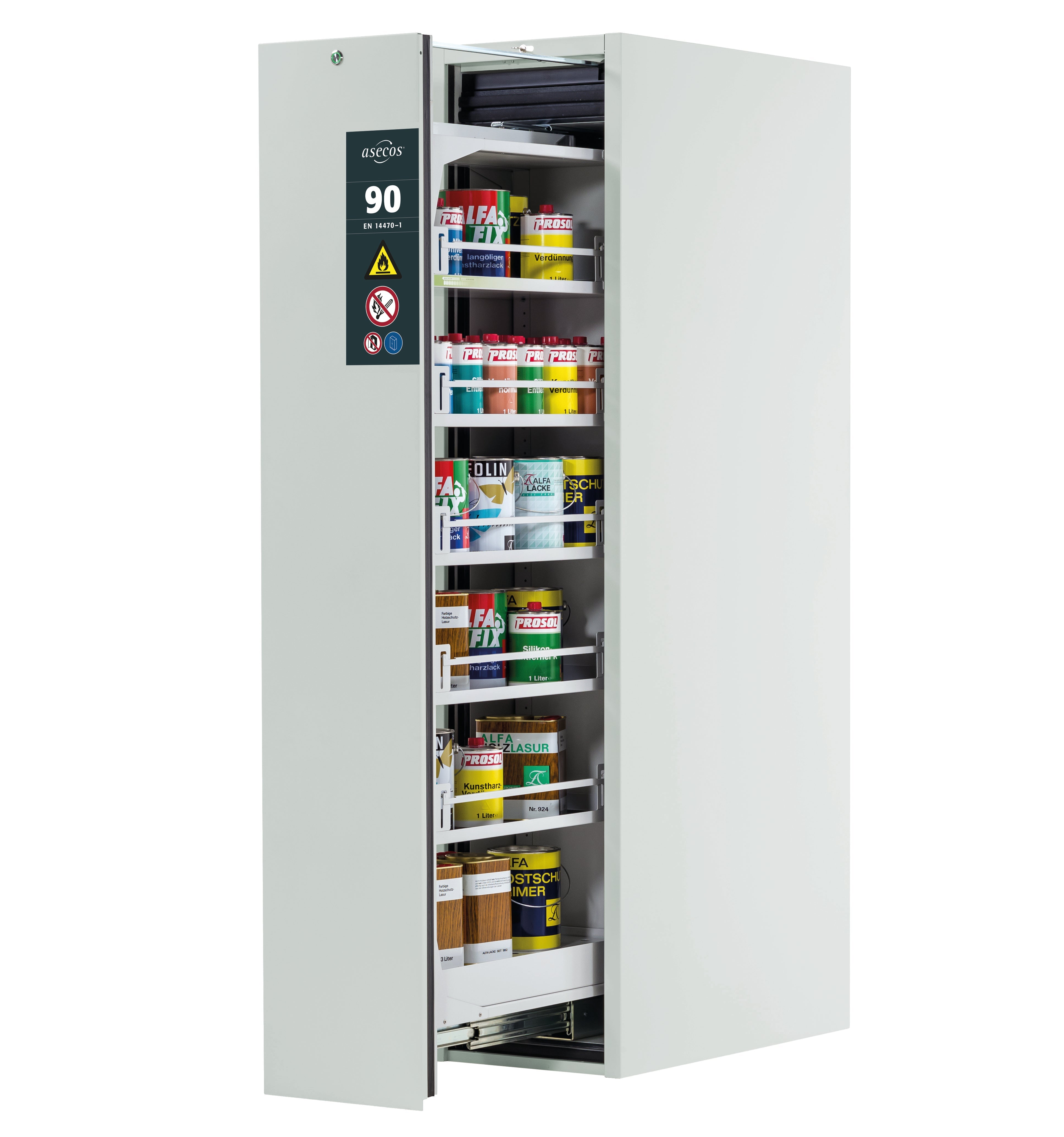Type 90 safety cabinet V-MOVE-90 model V90.196.045.VDAC:0012 in light gray RAL 7035 with 5x standard shelves (sheet steel)