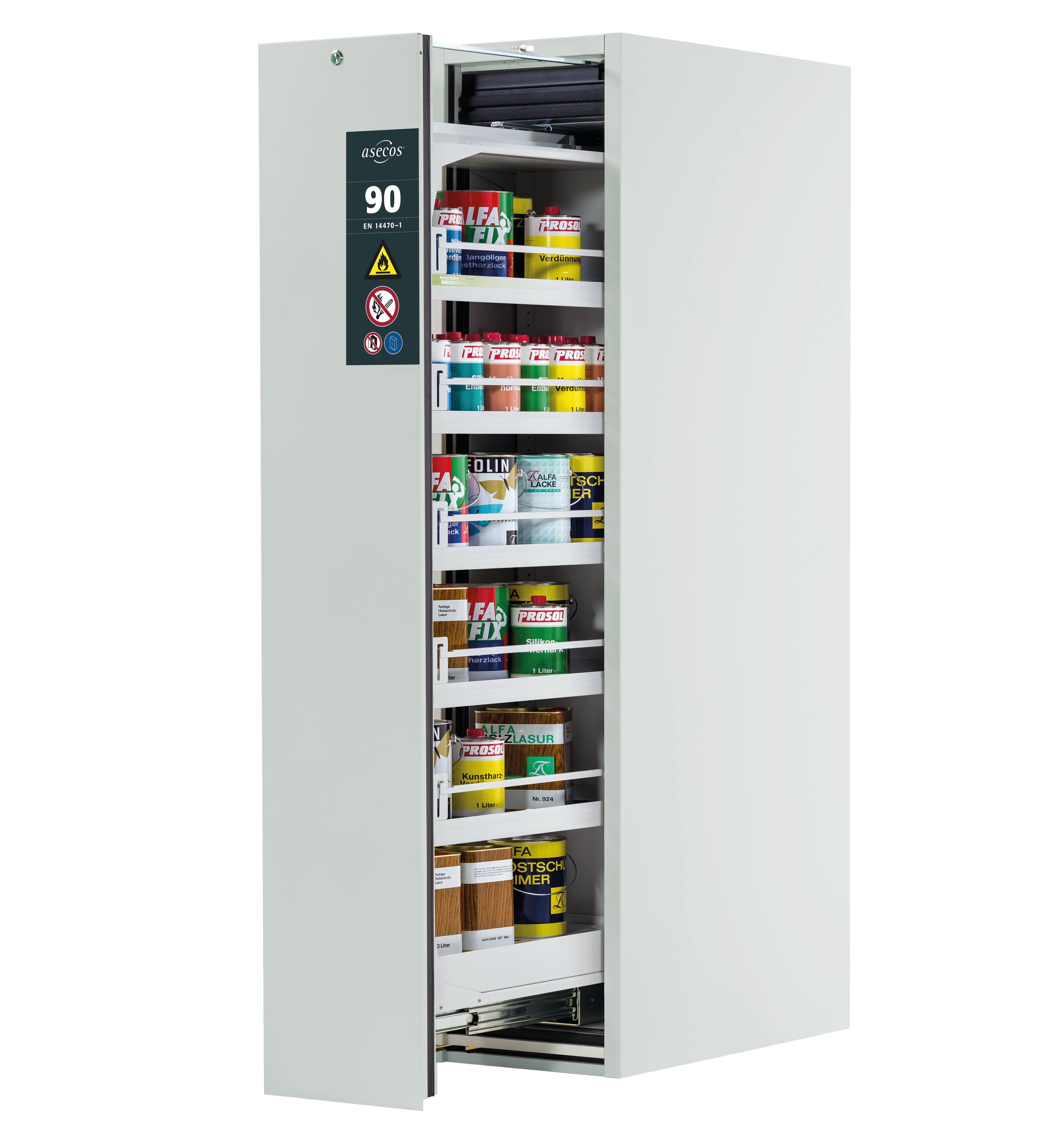 Type 90 safety cabinet V-MOVE-90 model V90.196.045.VDAC:0012 in light gray RAL 7035 with 5x standard tray base (sheet steel)