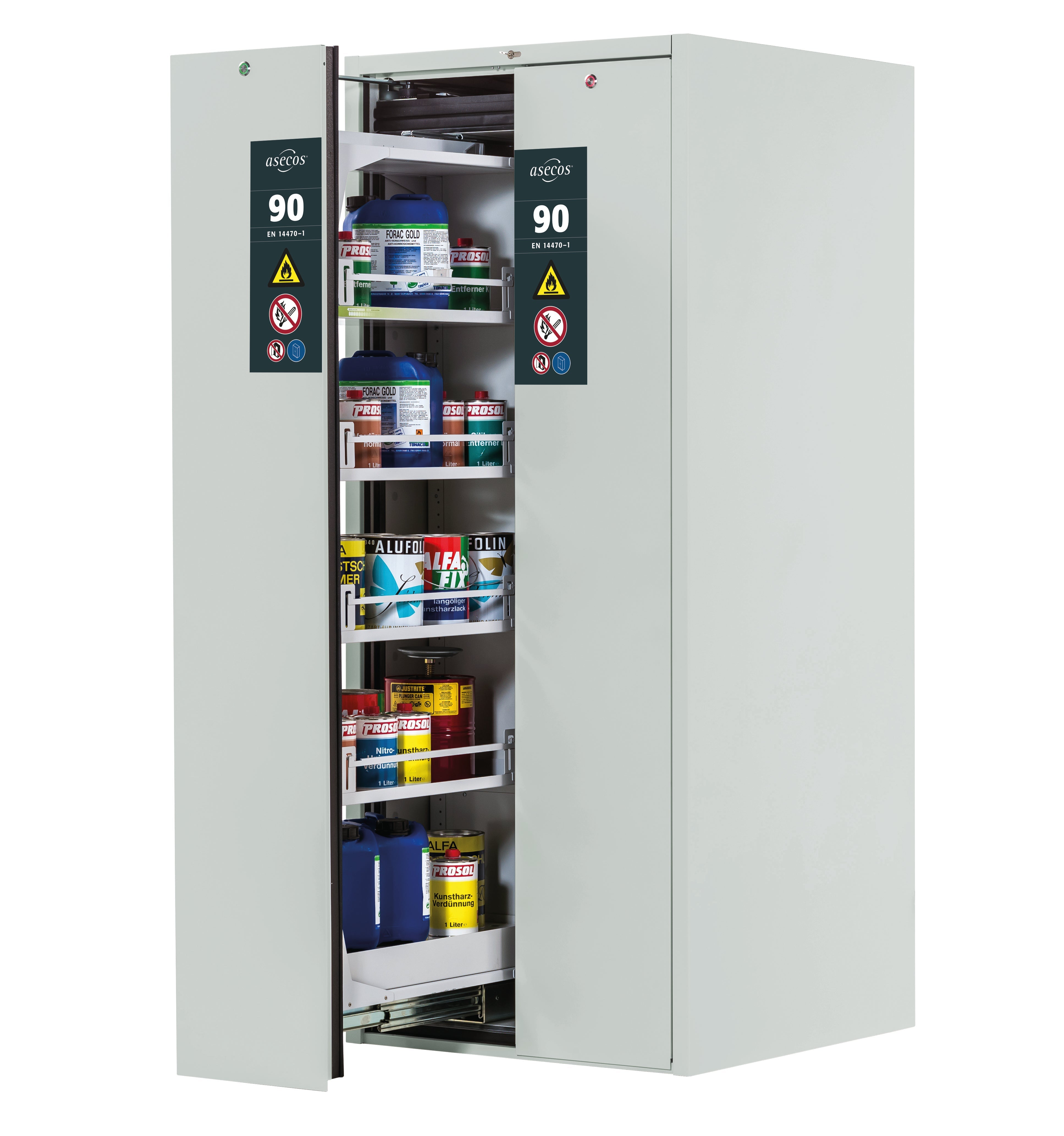 Type 90 safety cabinet V-MOVE-90 model V90.196.081.VDAC:0012 in light gray RAL 7035 with 4x standard shelves (sheet steel)