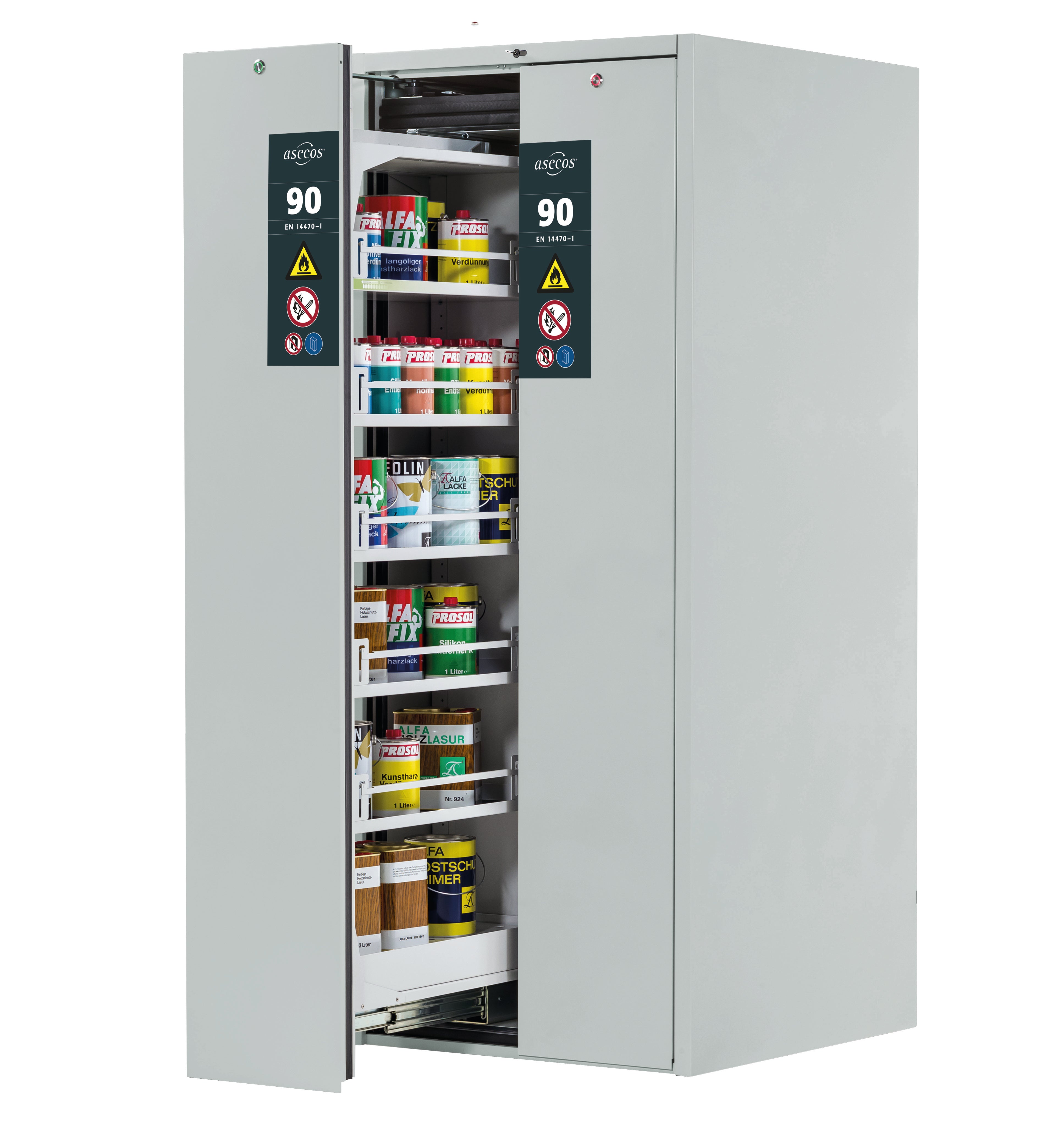 Type 90 safety cabinet V-MOVE-90 model V90.196.081.VDAC:0012 in light gray RAL 7035 with 5x standard shelves (sheet steel)