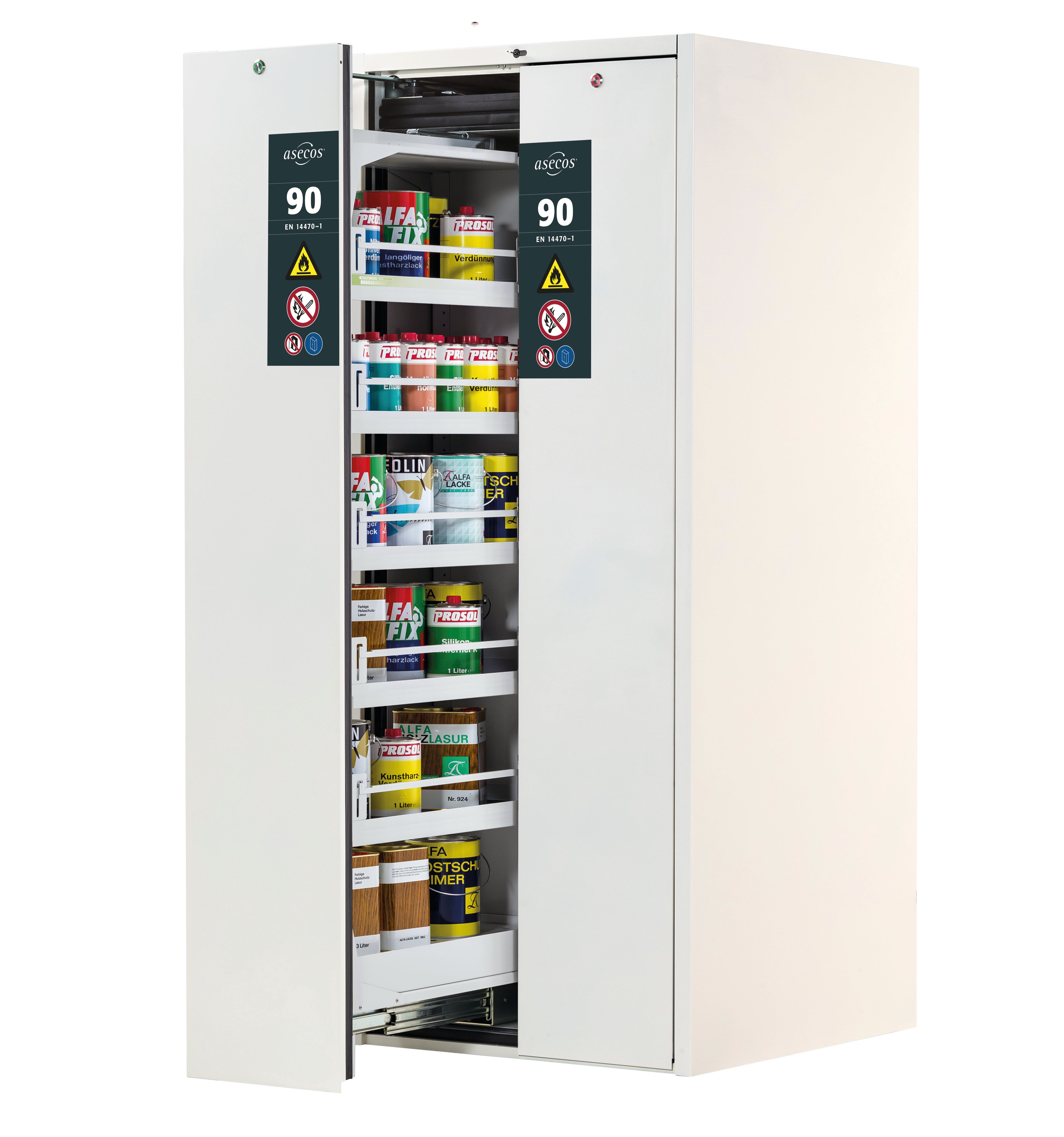 Typ 90 Sicherheitsschrank V-MOVE-90 Modell V90.196.081.VDAC:0012 in laborweiss (ähnl. RAL 9016) mit 5x Wannenboden Standard (Stahlblech)