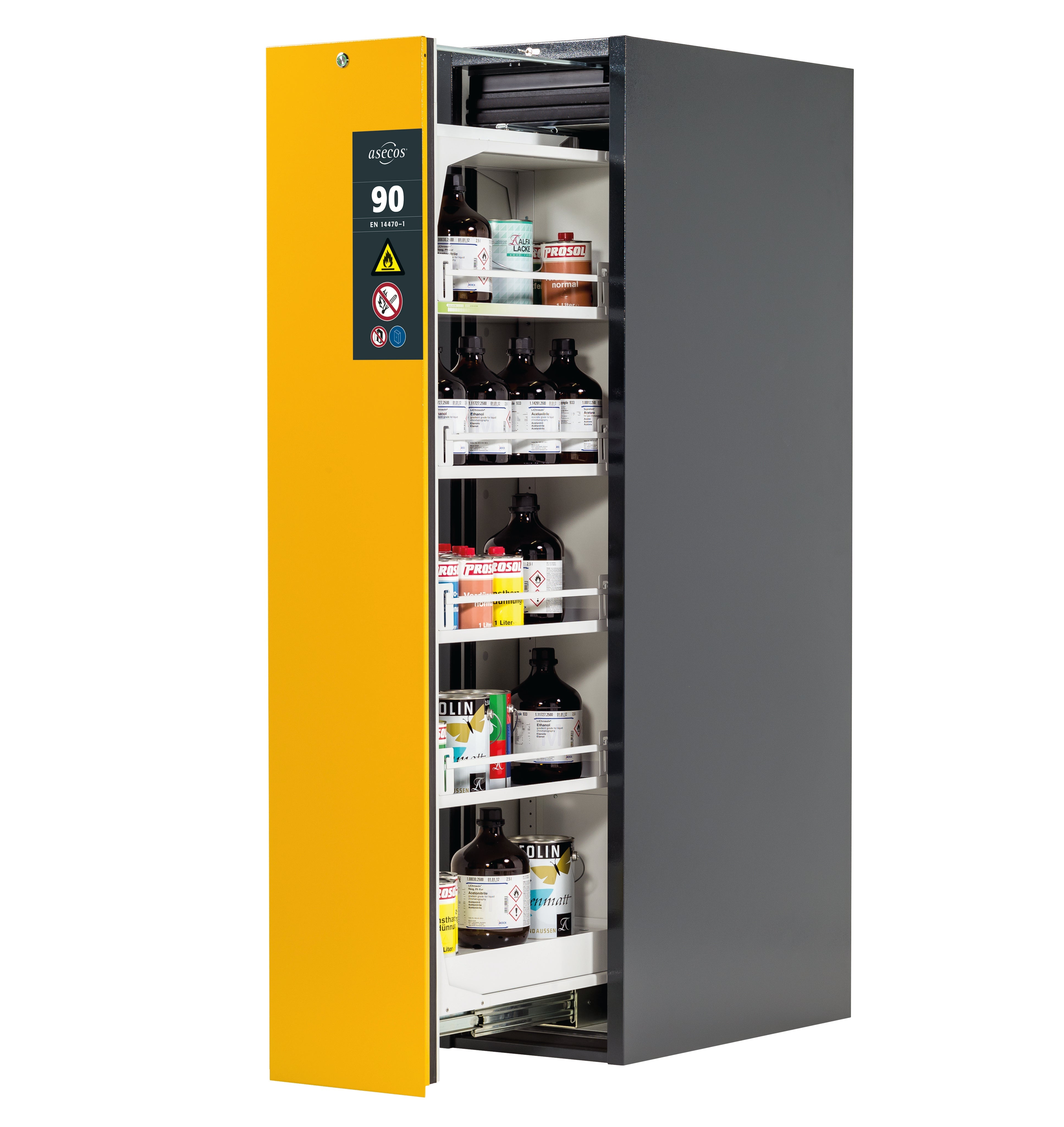 Type 90 safety cabinet V-MOVE-90 model V90.196.045.VDAC:0013 in safety yellow RAL 1004 with 4x standard shelves (sheet steel)