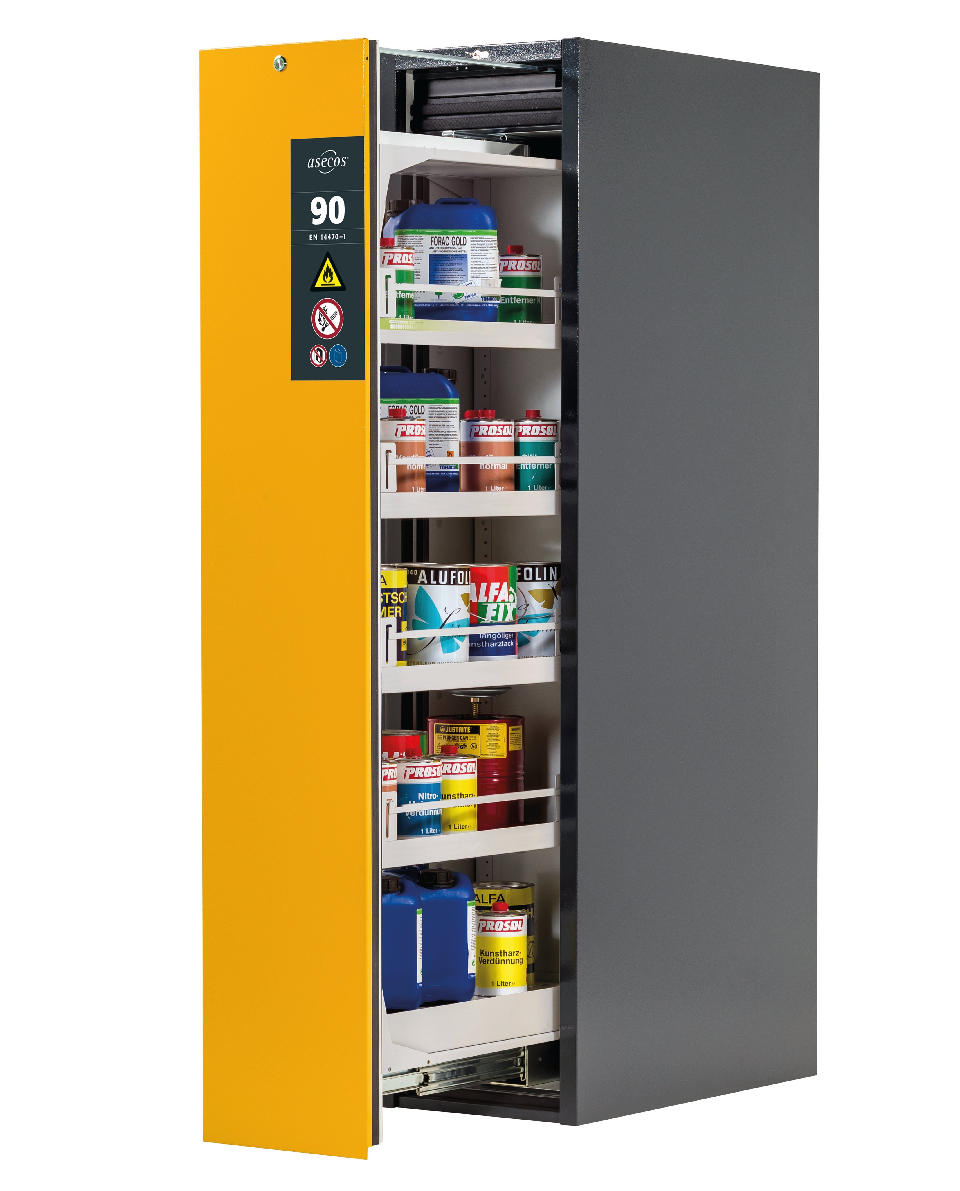 Type 90 safety cabinet V-MOVE-90 model V90.196.045.VDAC:0013 in safety yellow RAL 1004 with 4x standard tray base (sheet steel)