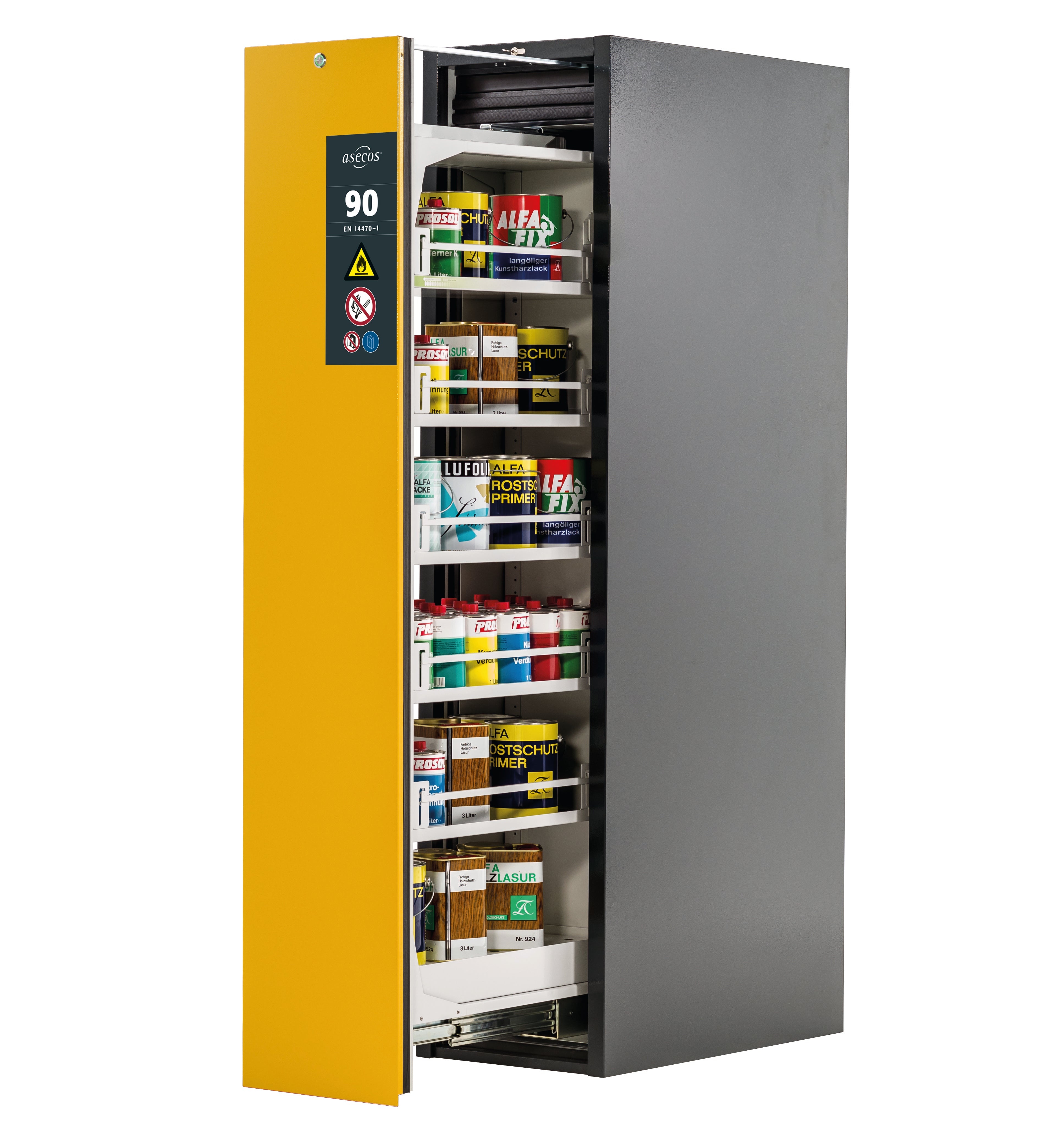 Type 90 safety cabinet V-MOVE-90 model V90.196.045.VDAC:0013 in safety yellow RAL 1004 with 5x standard shelves (sheet steel)