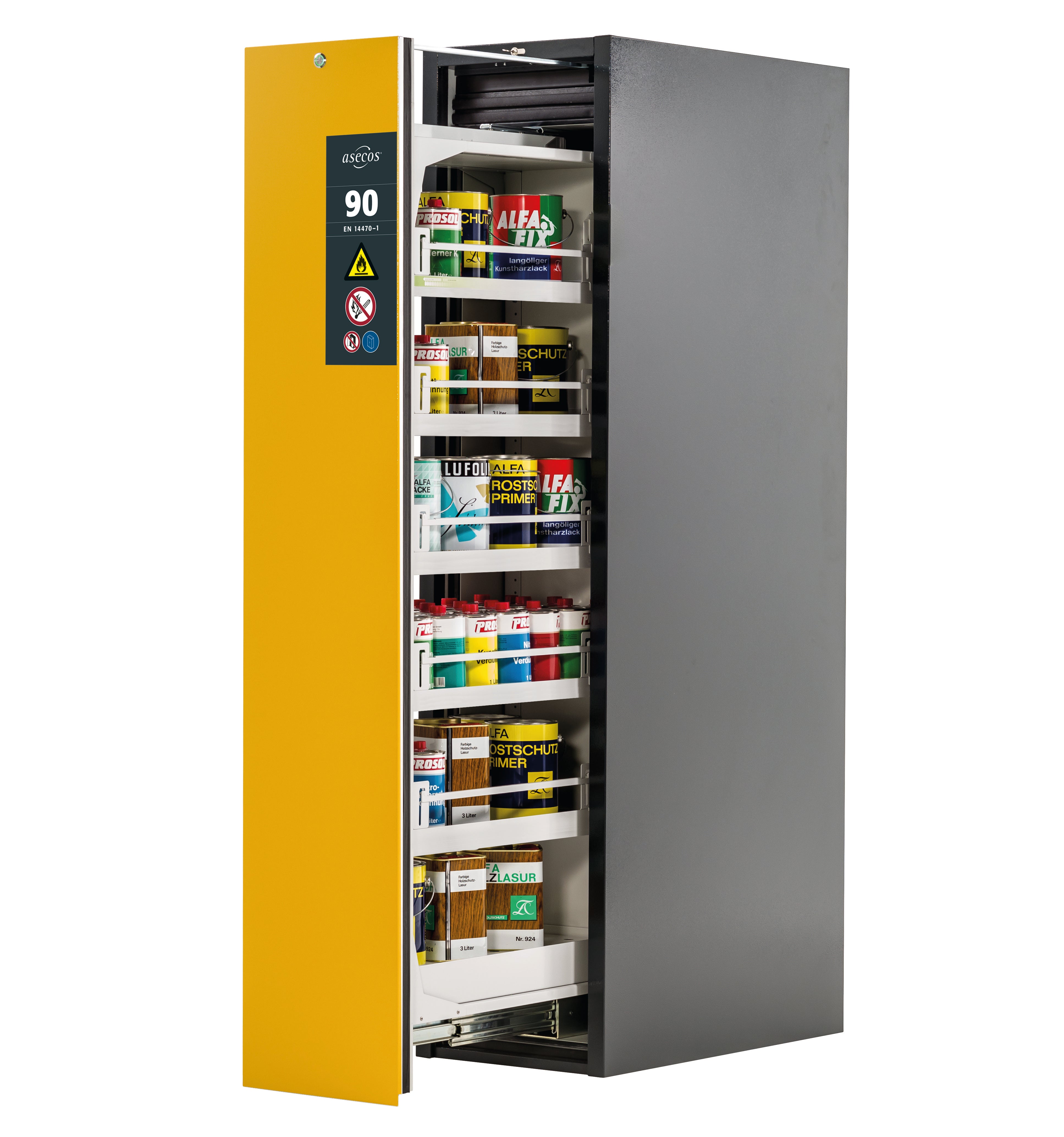 Type 90 safety cabinet V-MOVE-90 model V90.196.045.VDAC:0013 in safety yellow RAL 1004 with 5x standard tray base (sheet steel)