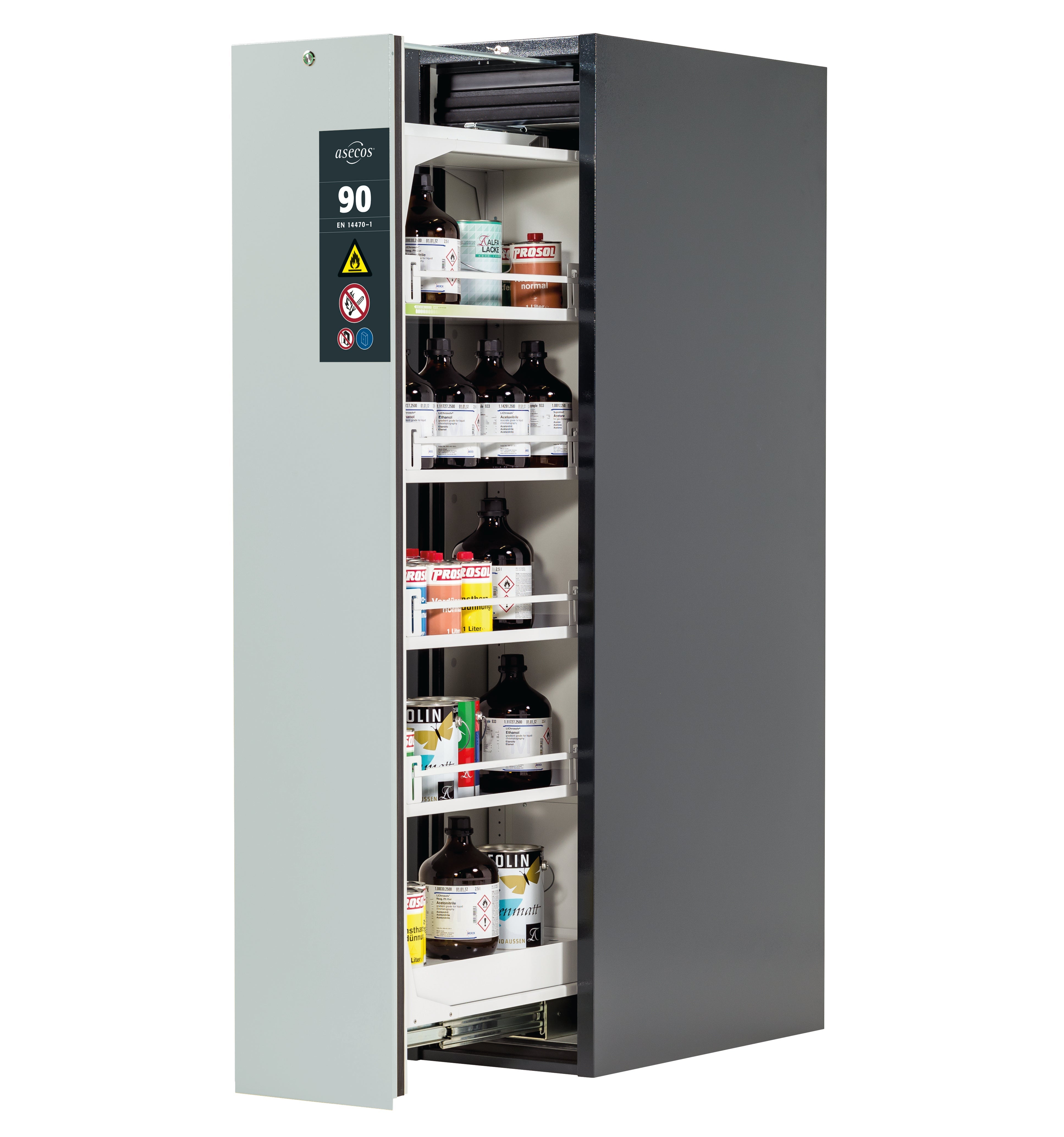 Type 90 safety cabinet V-MOVE-90 model V90.196.045.VDAC:0013 in light gray RAL 7035 with 4x standard shelves (sheet steel)