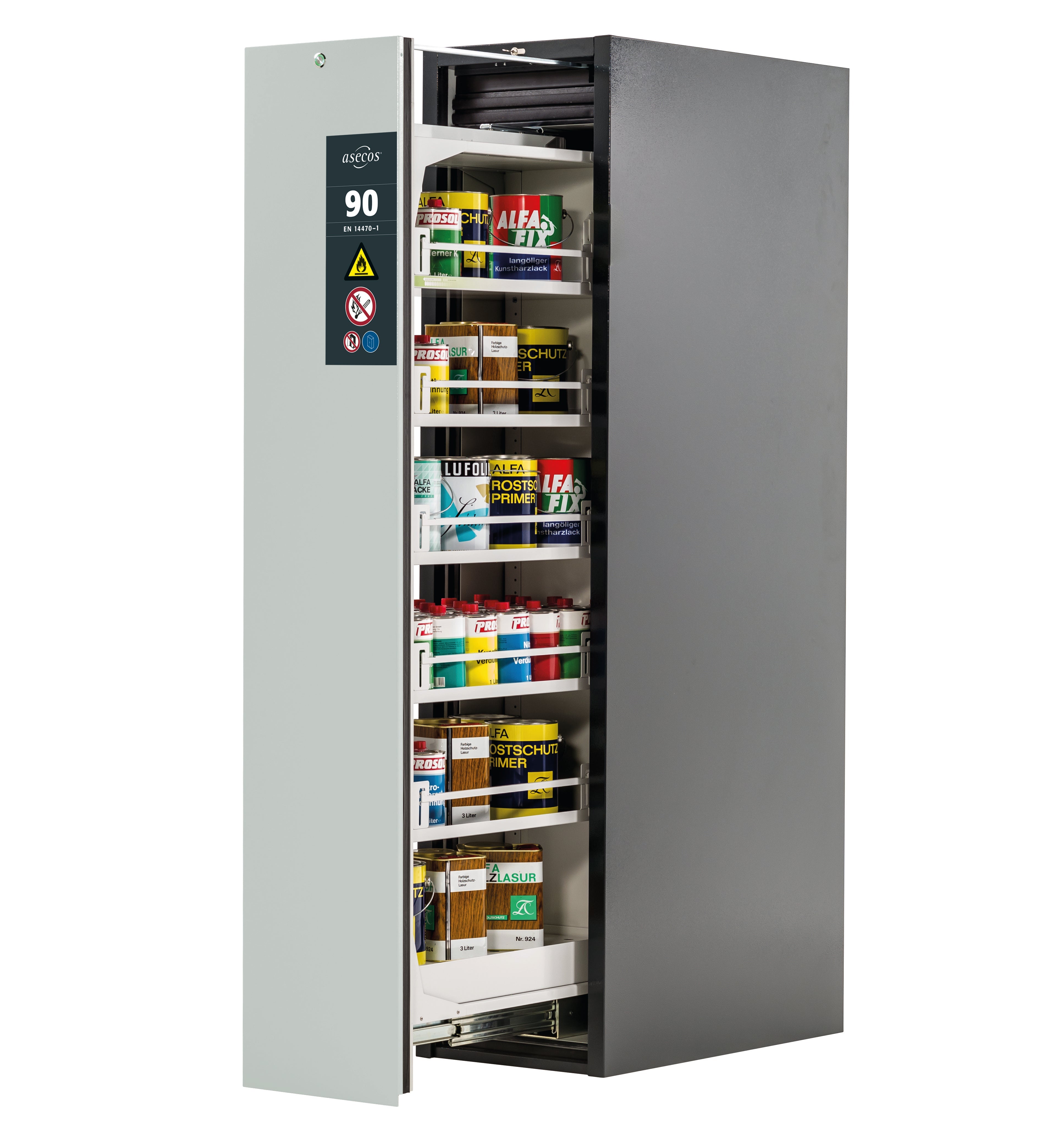 Type 90 safety cabinet V-MOVE-90 model V90.196.045.VDAC:0013 in light gray RAL 7035 with 5x standard shelves (sheet steel)