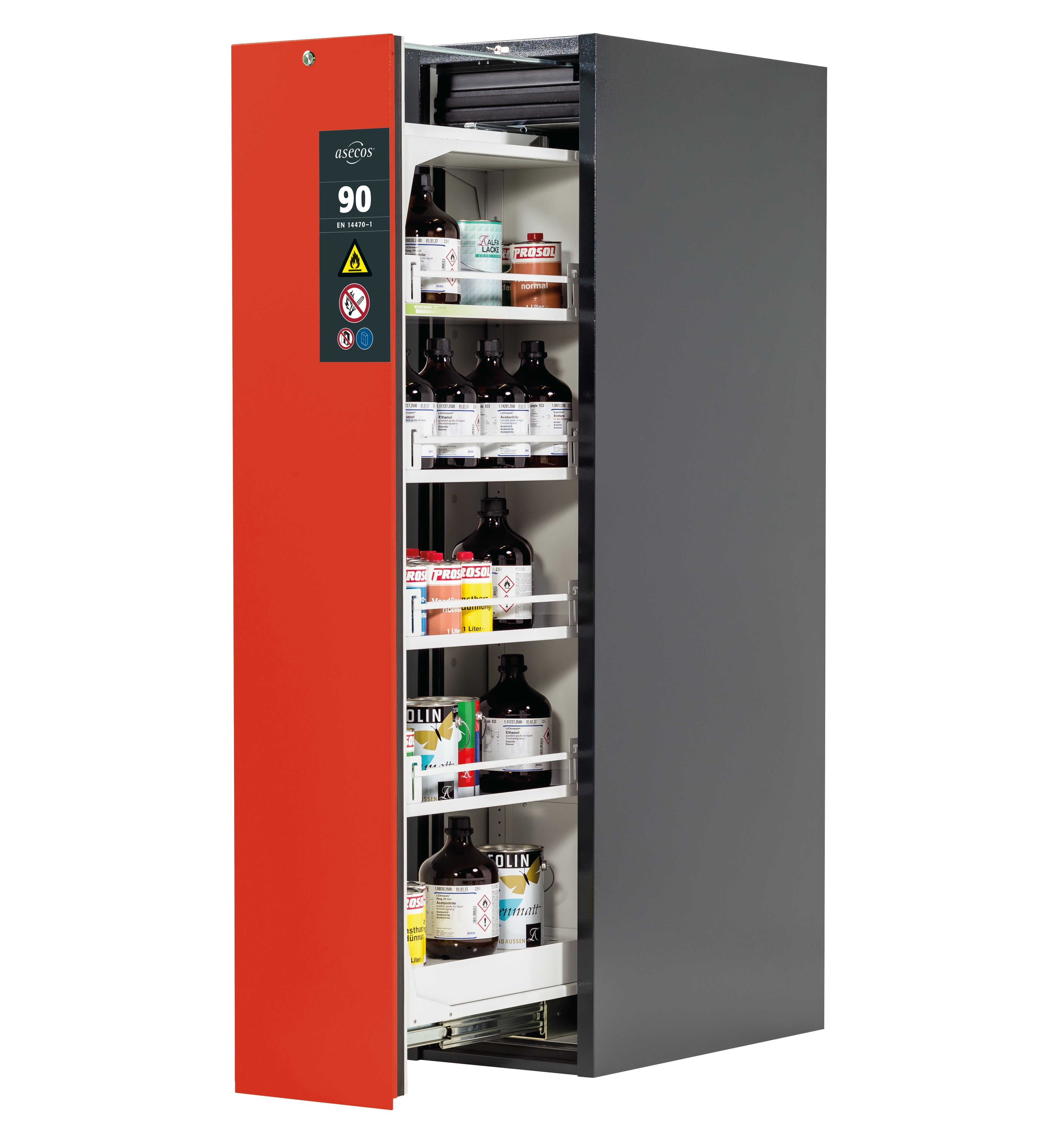 Type 90 safety cabinet V-MOVE-90 model V90.196.045.VDAC:0013 in traffic red RAL 3020 with 4x standard shelves (sheet steel)