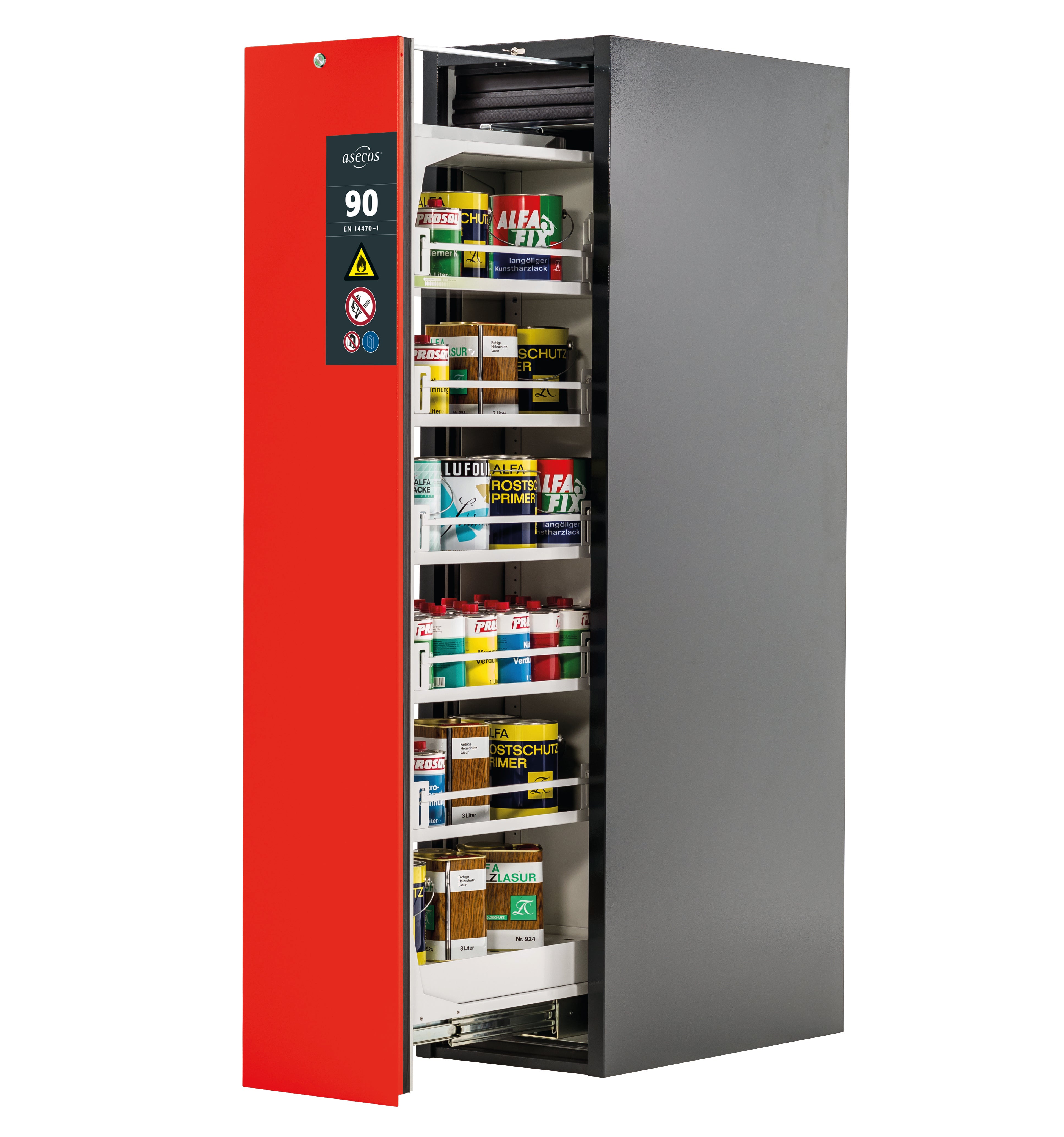 Type 90 safety cabinet V-MOVE-90 model V90.196.045.VDAC:0013 in traffic red RAL 3020 with 5x standard shelves (sheet steel)
