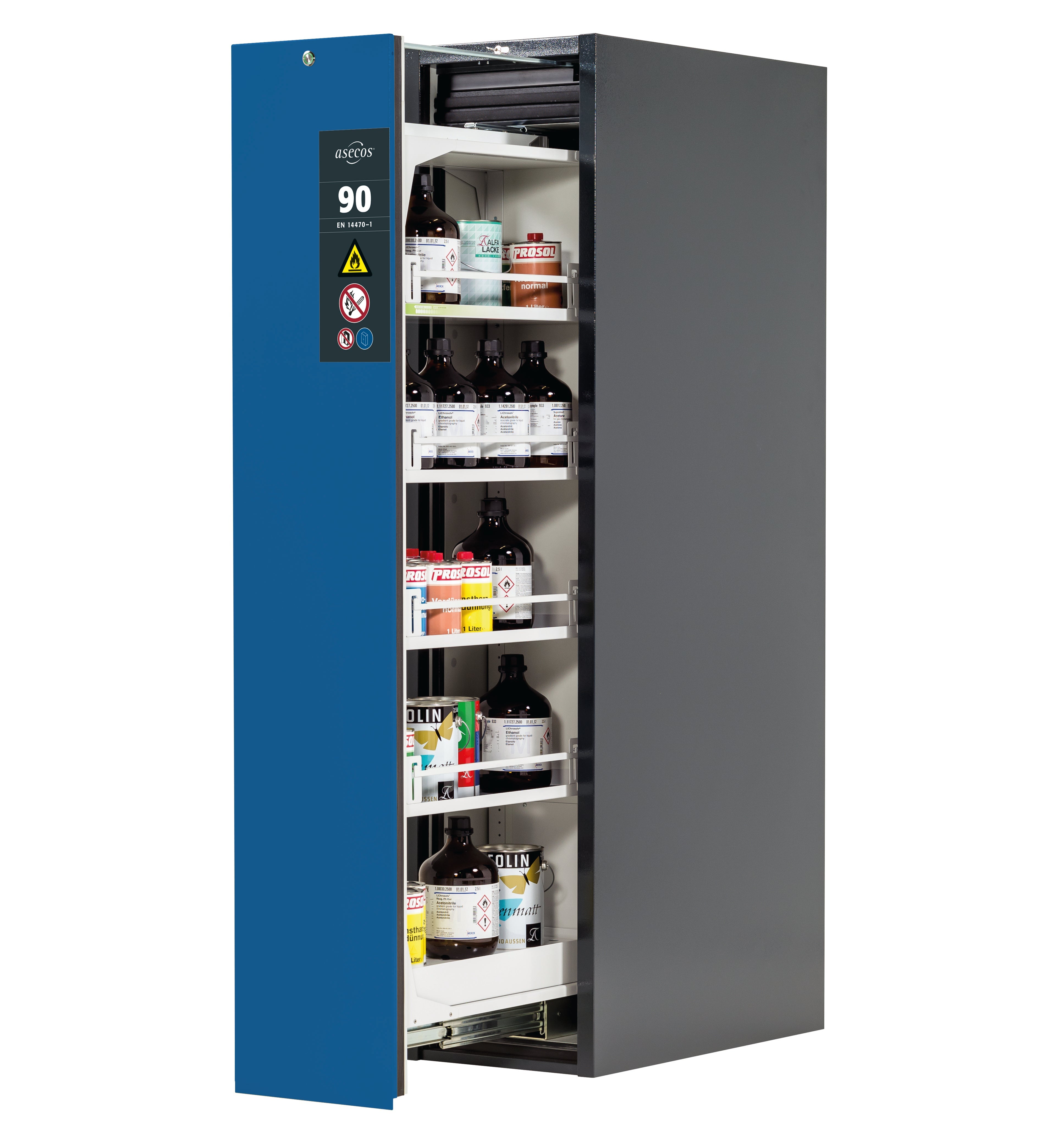 Type 90 safety cabinet V-MOVE-90 model V90.196.045.VDAC:0013 in gentian blue RAL 5010 with 4x standard shelves (sheet steel)