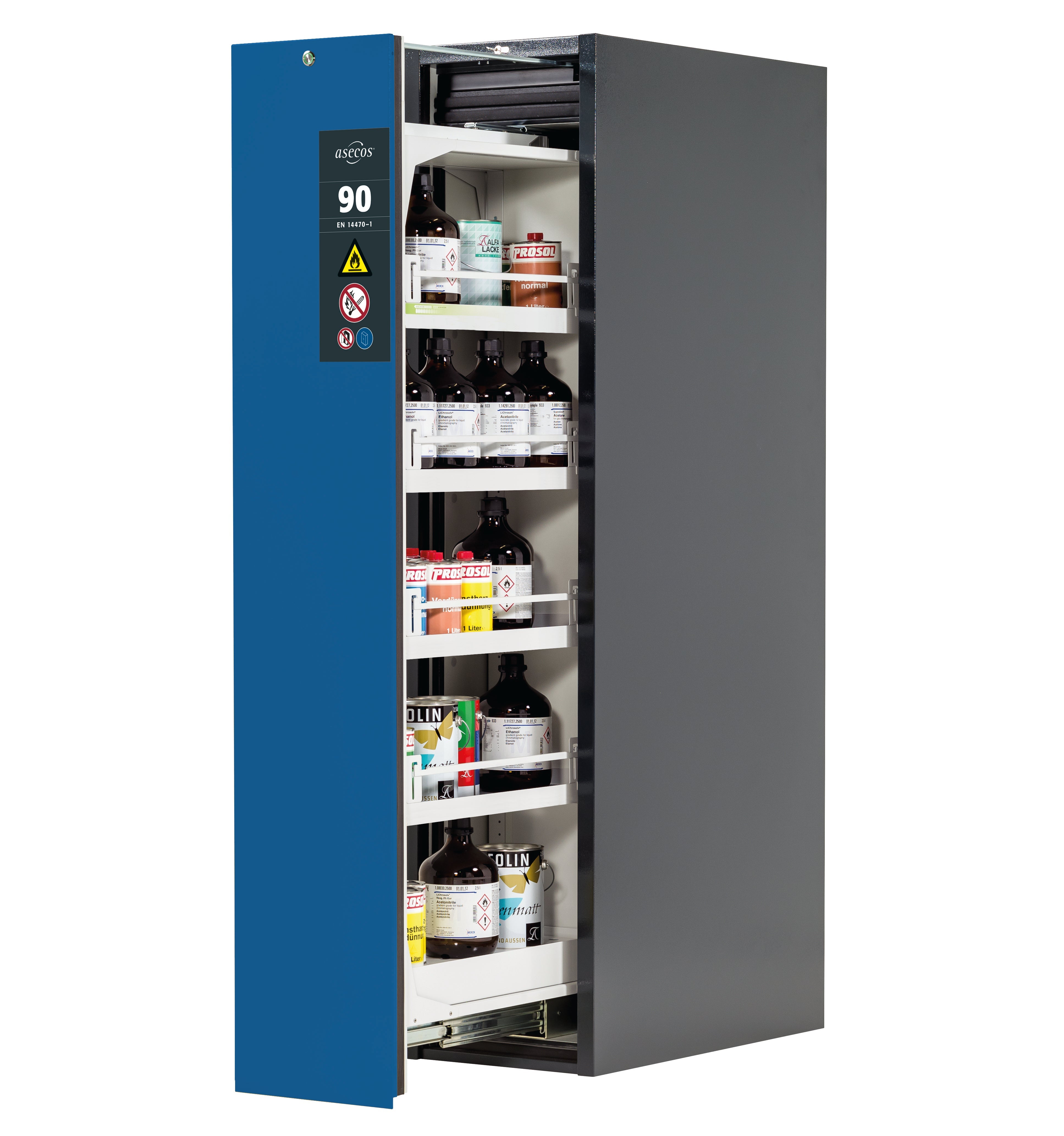 Type 90 safety cabinet V-MOVE-90 model V90.196.045.VDAC:0013 in gentian blue RAL 5010 with 4x standard tray base (sheet steel)
