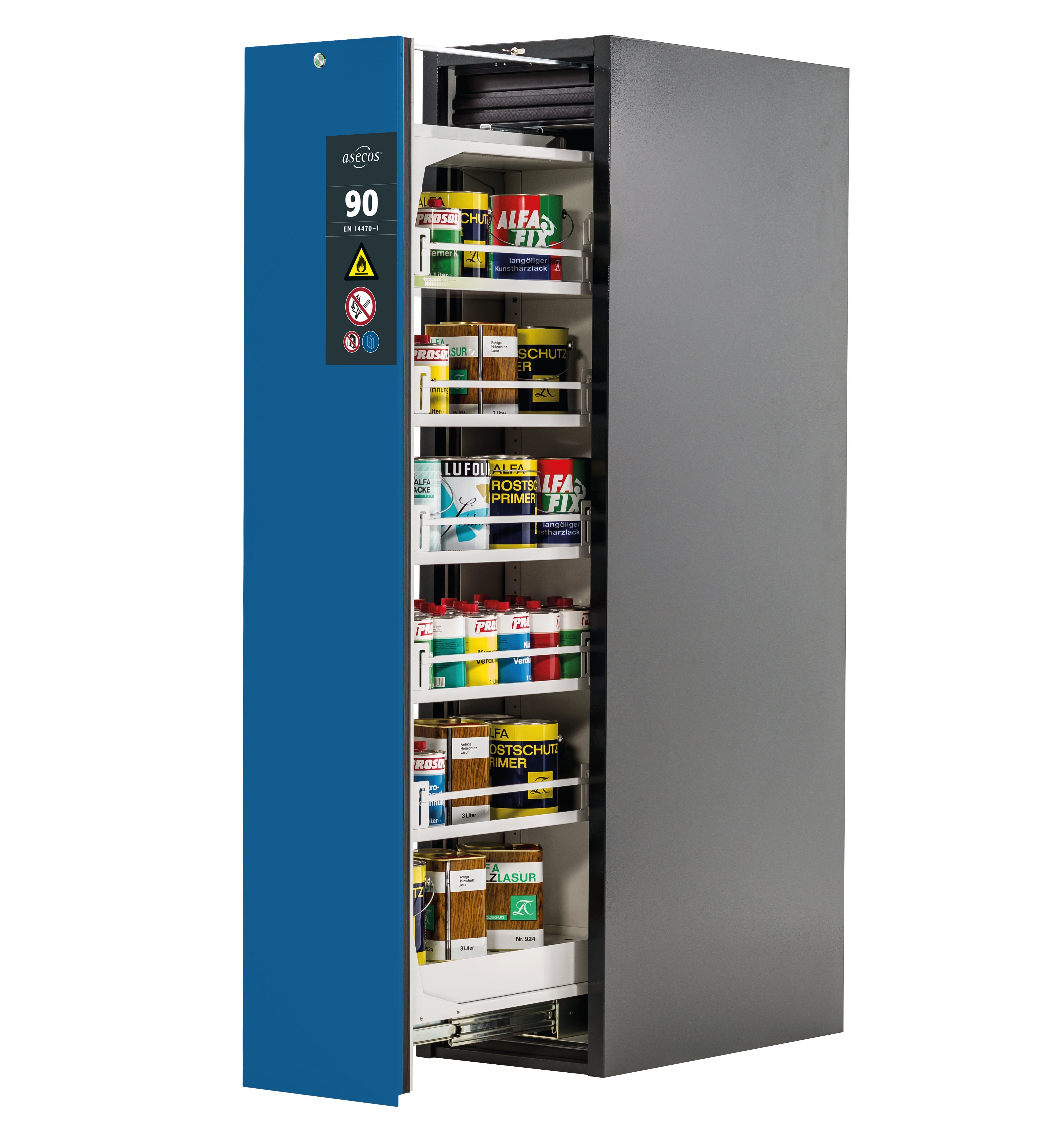 Type 90 safety cabinet V-MOVE-90 model V90.196.045.VDAC:0013 in gentian blue RAL 5010 with 5x standard shelves (sheet steel)
