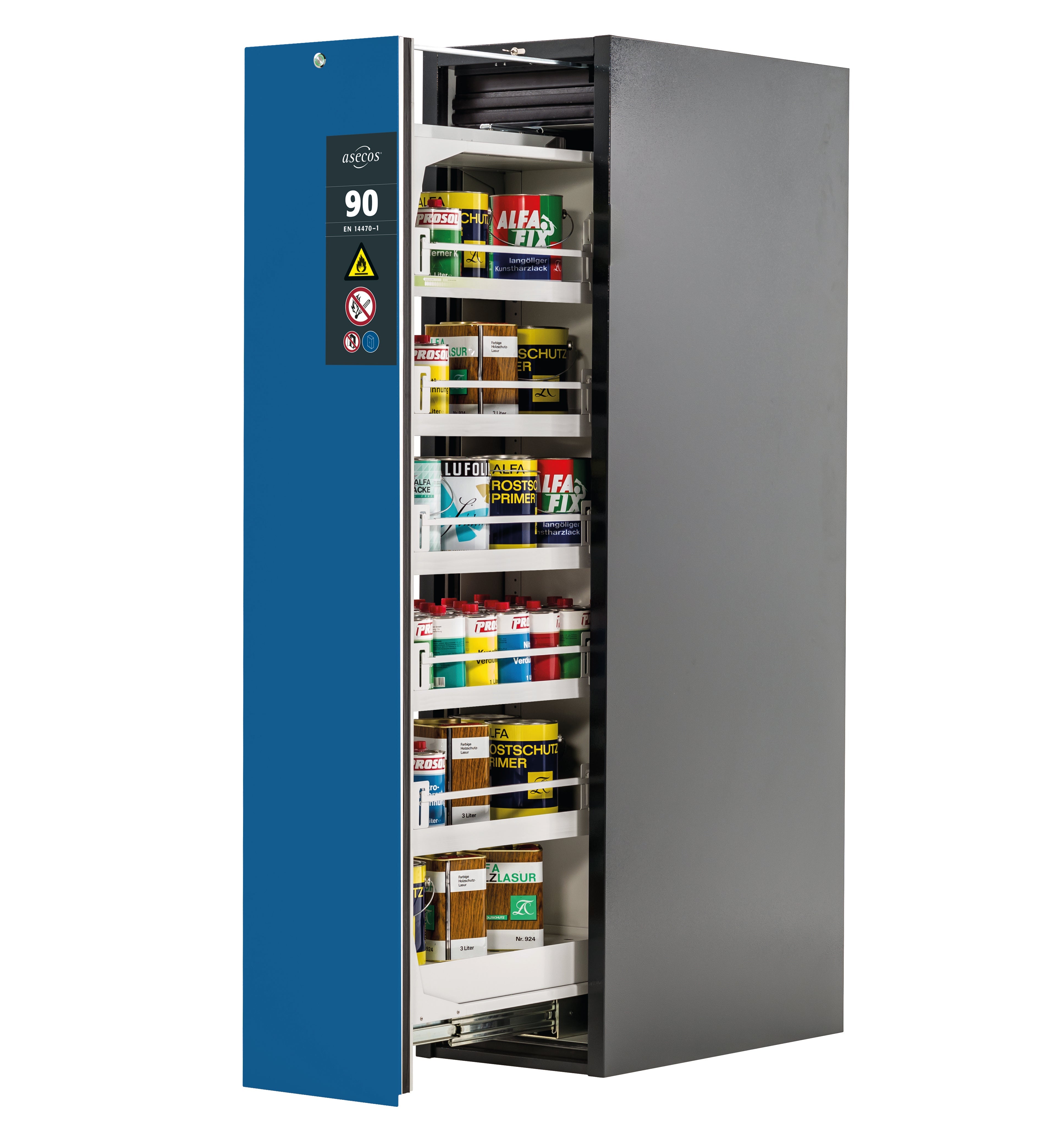 Type 90 safety cabinet V-MOVE-90 model V90.196.045.VDAC:0013 in gentian blue RAL 5010 with 5x standard tray base (sheet steel)
