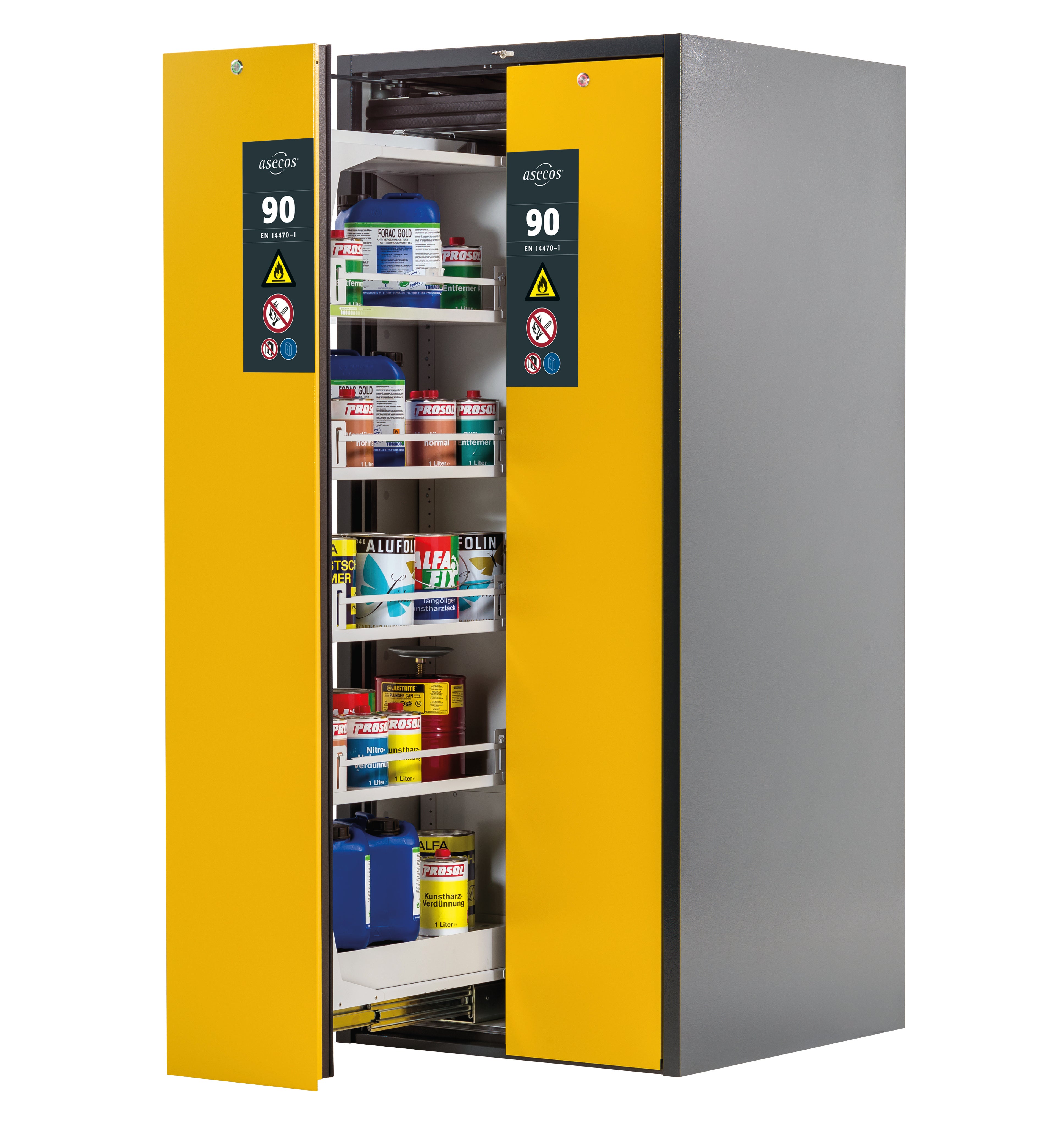 Type 90 safety cabinet V-MOVE-90 model V90.196.081.VDAC:0013 in safety yellow RAL 1004 with 4x standard shelves (sheet steel)