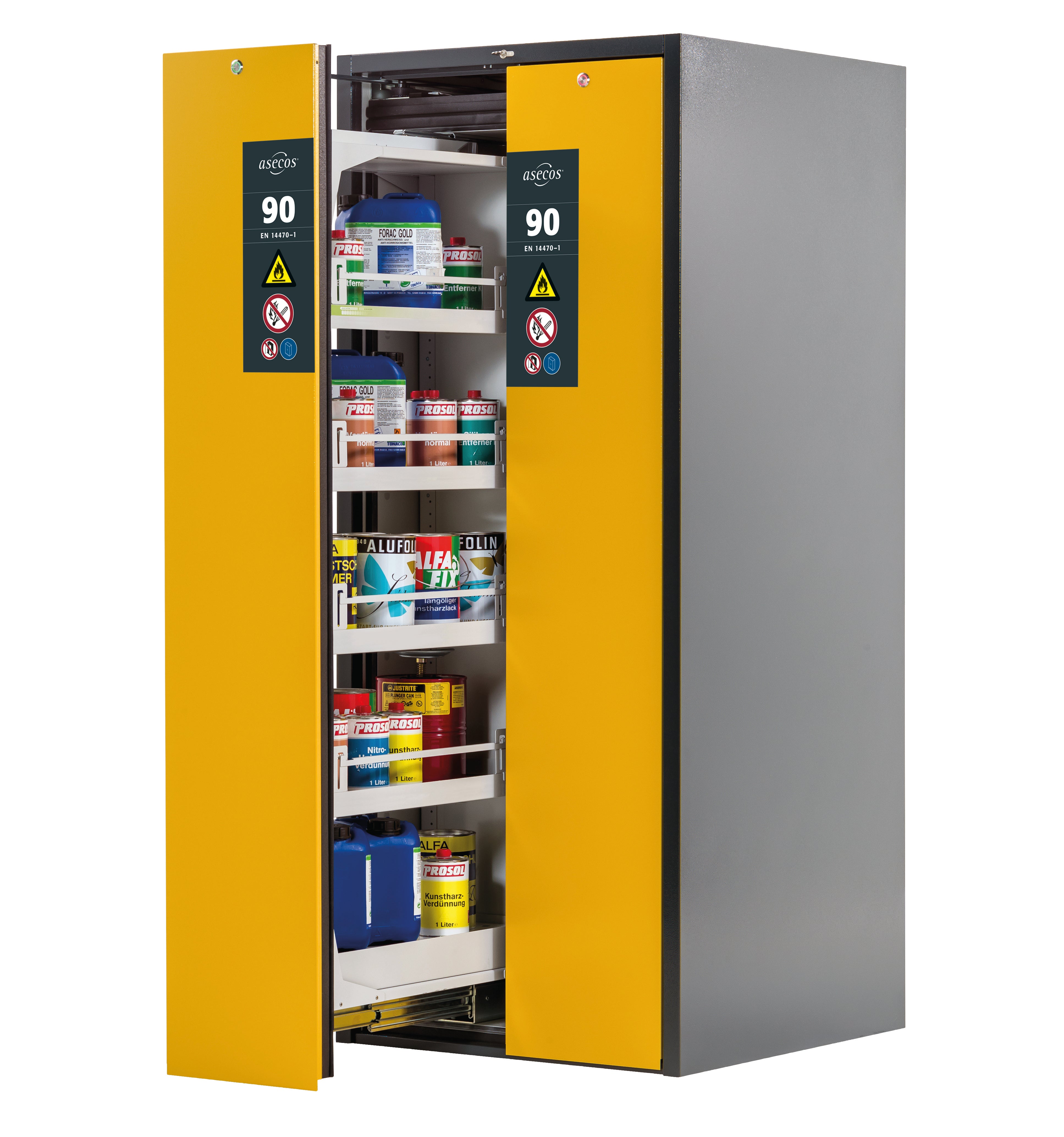 Type 90 safety cabinet V-MOVE-90 model V90.196.081.VDAC:0013 in safety yellow RAL 1004 with 4x standard tray base (sheet steel)