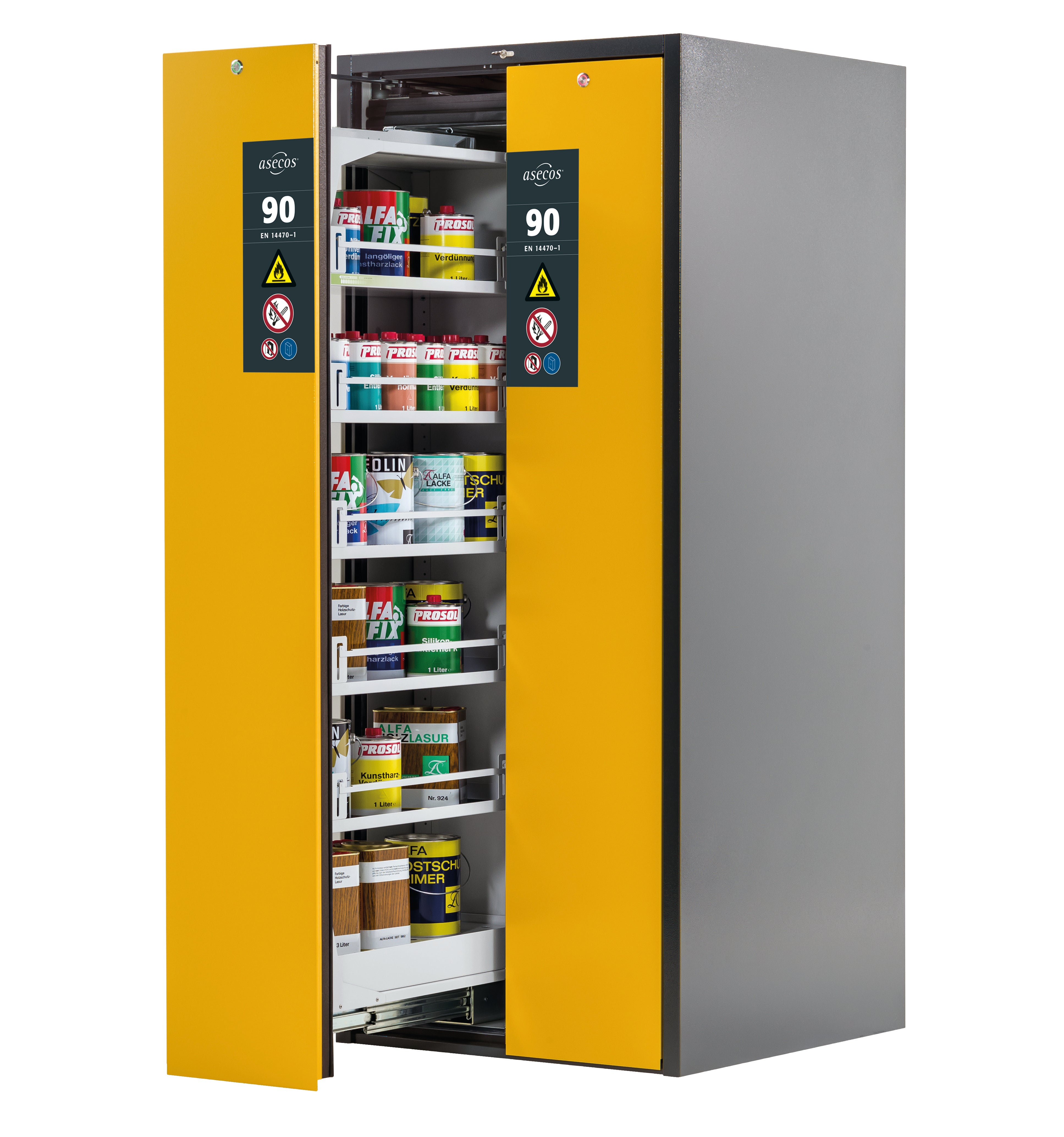 Type 90 safety cabinet V-MOVE-90 model V90.196.081.VDAC:0013 in safety yellow RAL 1004 with 5x standard shelves (sheet steel)