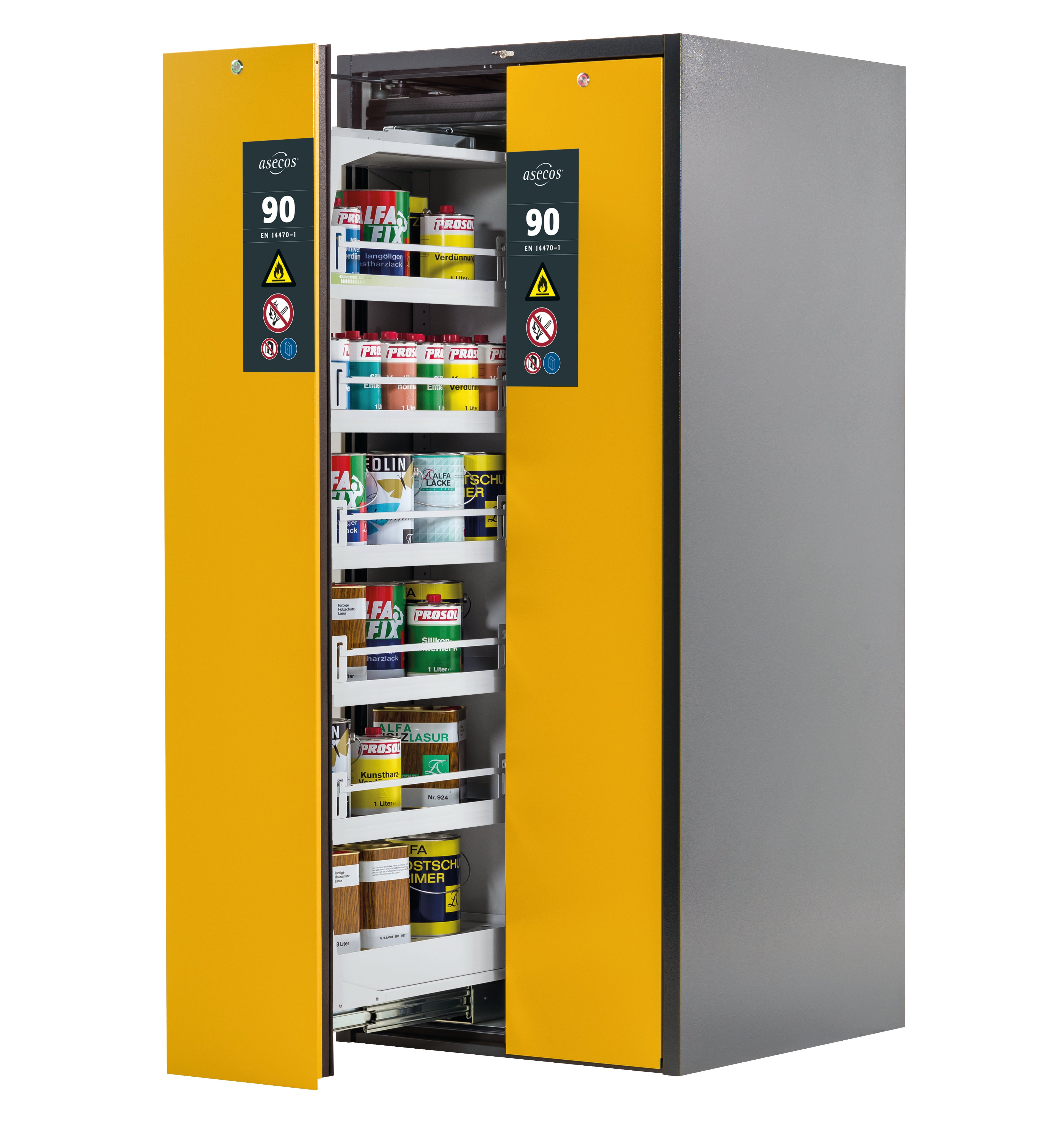 Type 90 safety cabinet V-MOVE-90 model V90.196.081.VDAC:0013 in safety yellow RAL 1004 with 5x standard tray base (sheet steel)