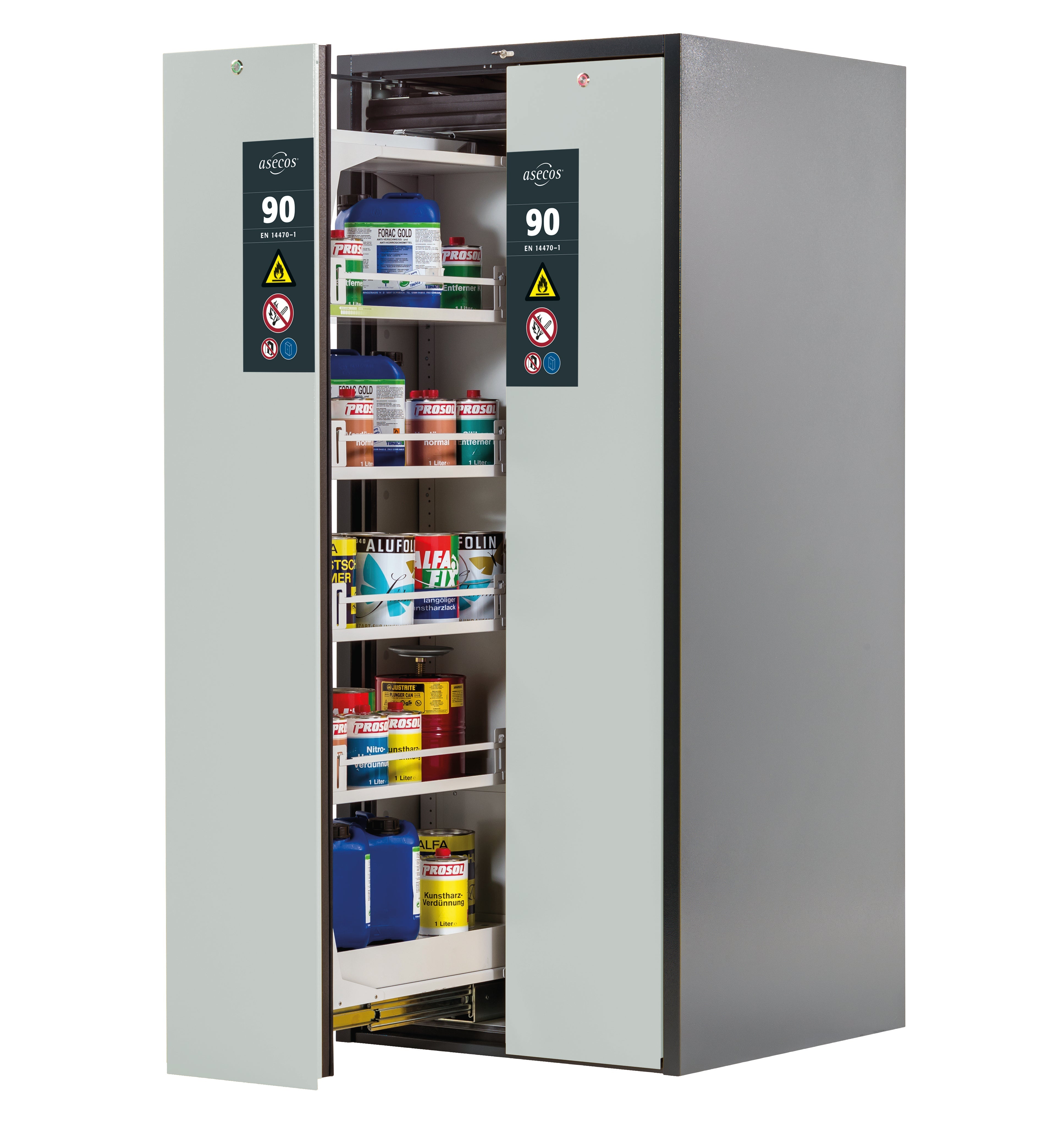 Type 90 safety cabinet V-MOVE-90 model V90.196.081.VDAC:0013 in light gray RAL 7035 with 4x standard shelves (sheet steel)