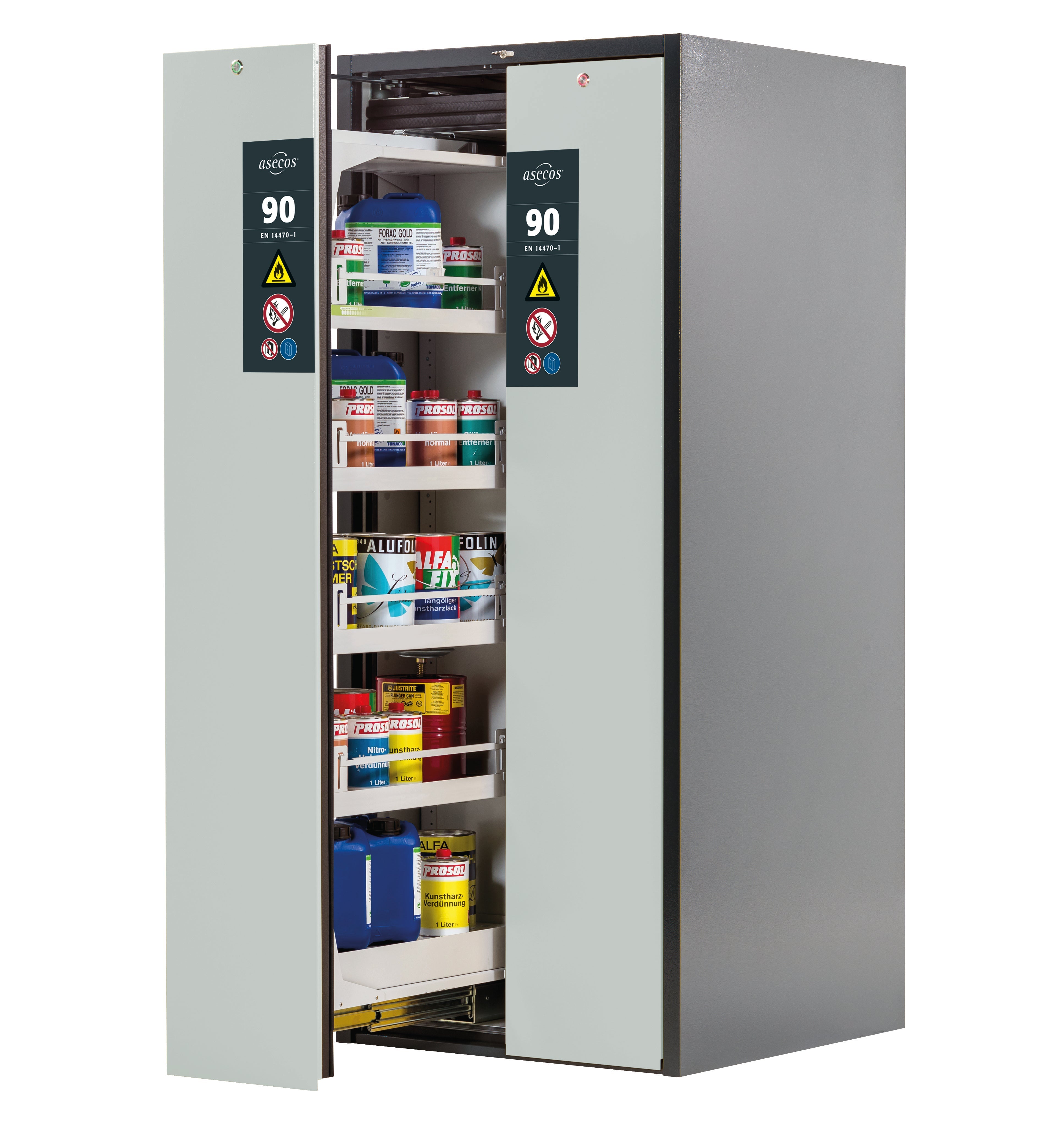 Type 90 safety cabinet V-MOVE-90 model V90.196.081.VDAC:0013 in light gray RAL 7035 with 4x standard tray base (sheet steel)