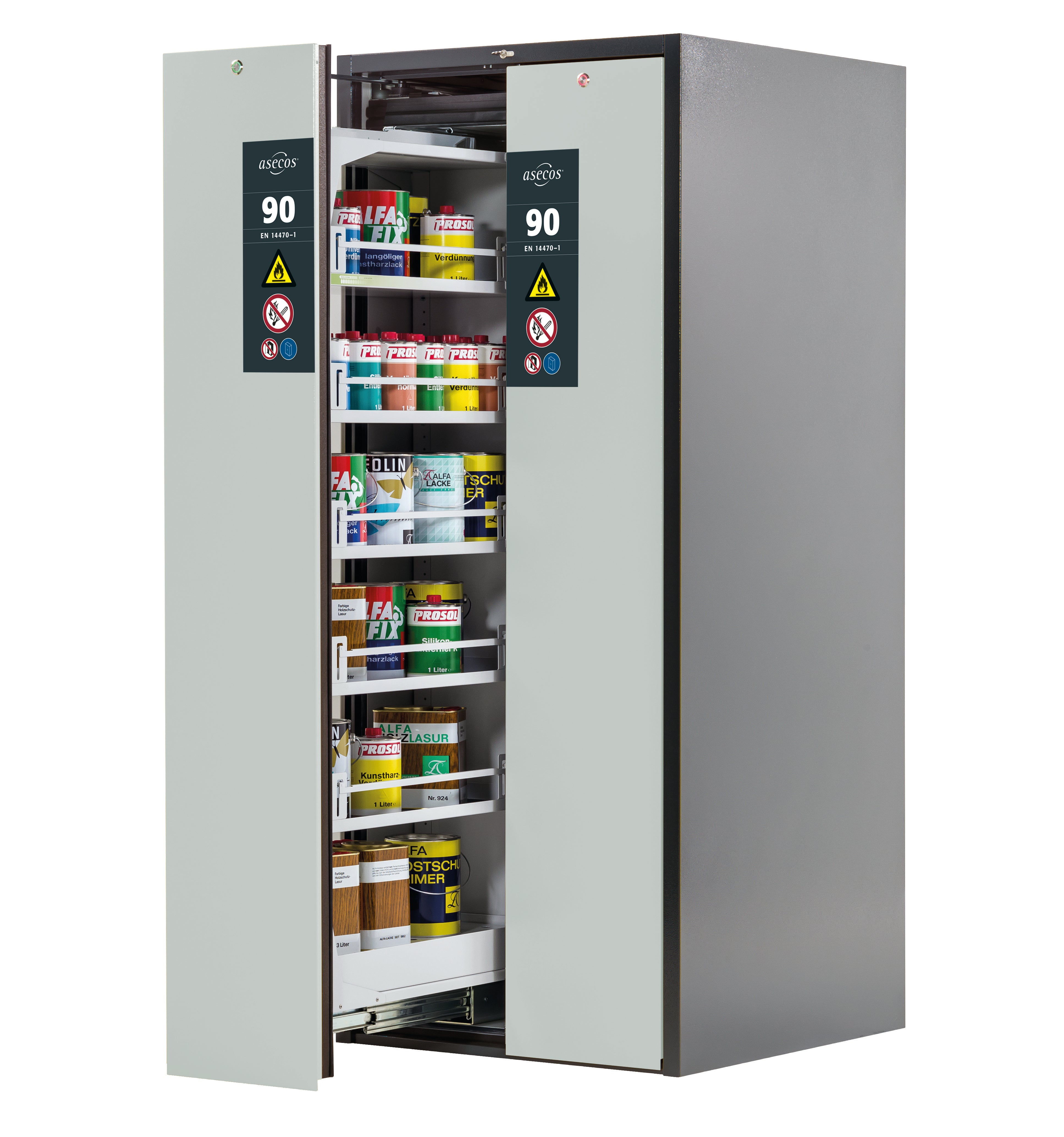 Type 90 safety cabinet V-MOVE-90 model V90.196.081.VDAC:0013 in light gray RAL 7035 with 5x standard shelves (sheet steel)