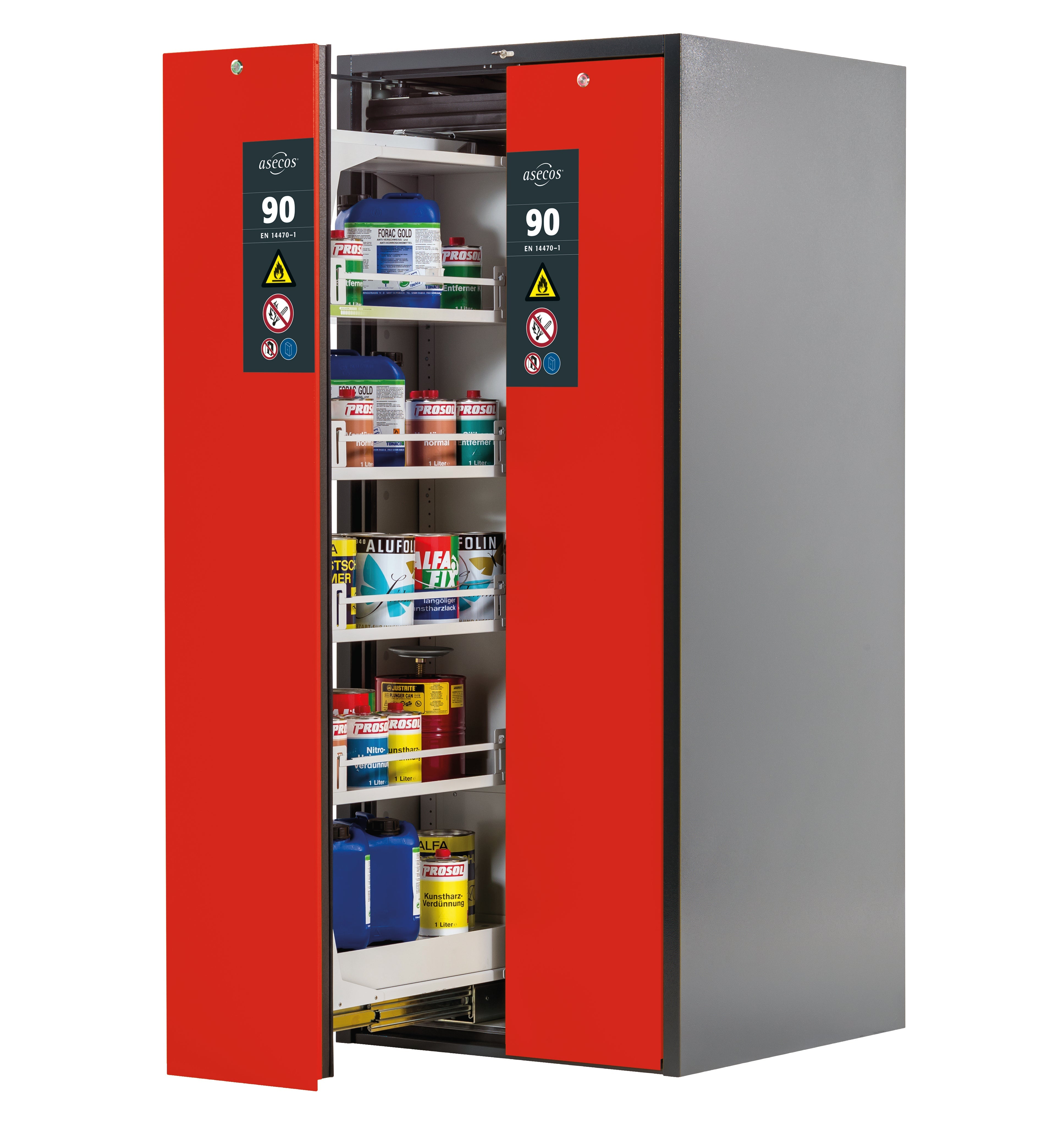 Type 90 safety cabinet V-MOVE-90 model V90.196.081.VDAC:0013 in traffic red RAL 3020 with 4x standard shelves (sheet steel)