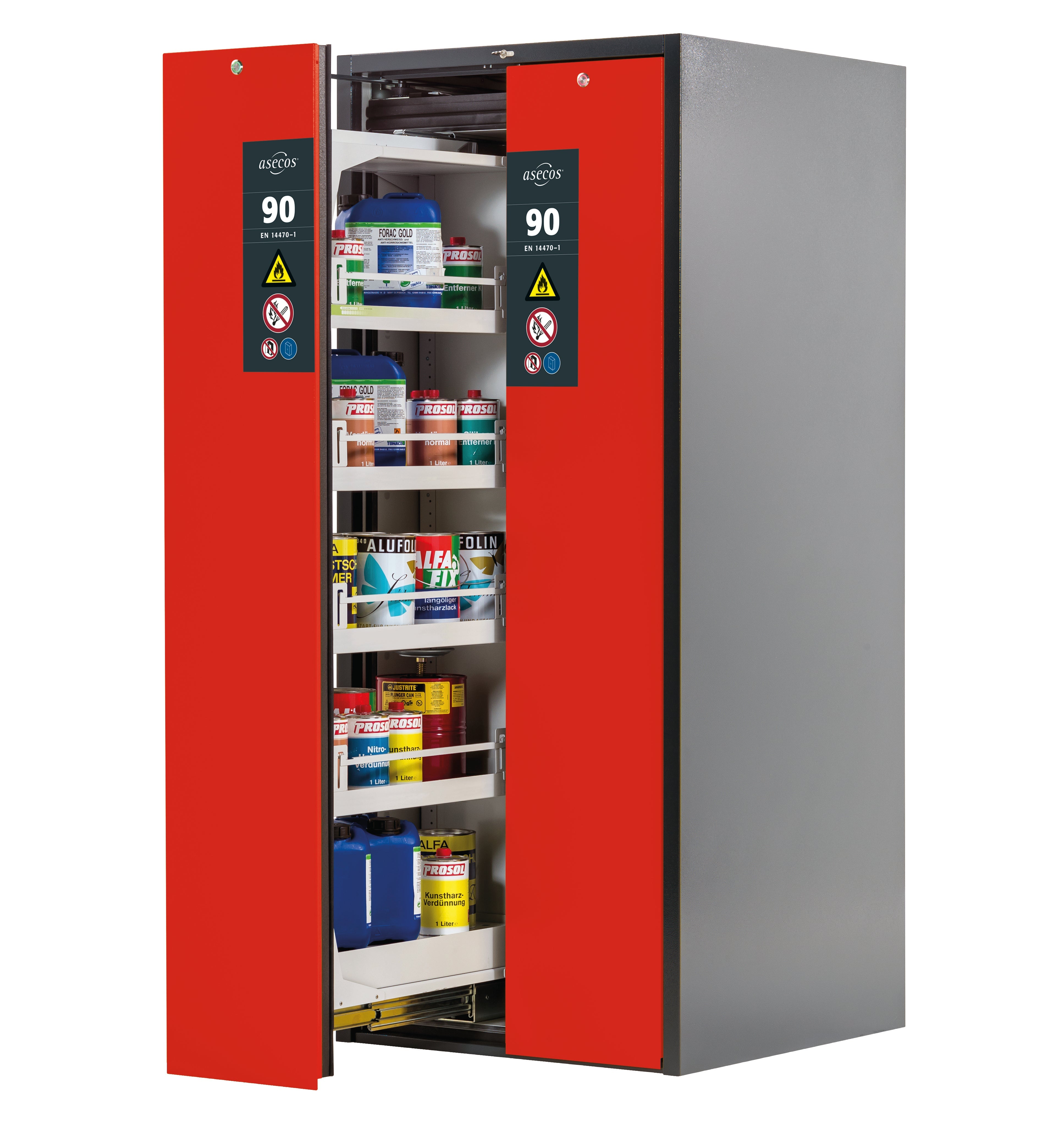 Type 90 safety cabinet V-MOVE-90 model V90.196.081.VDAC:0013 in traffic red RAL 3020 with 4x standard tray base (sheet steel)