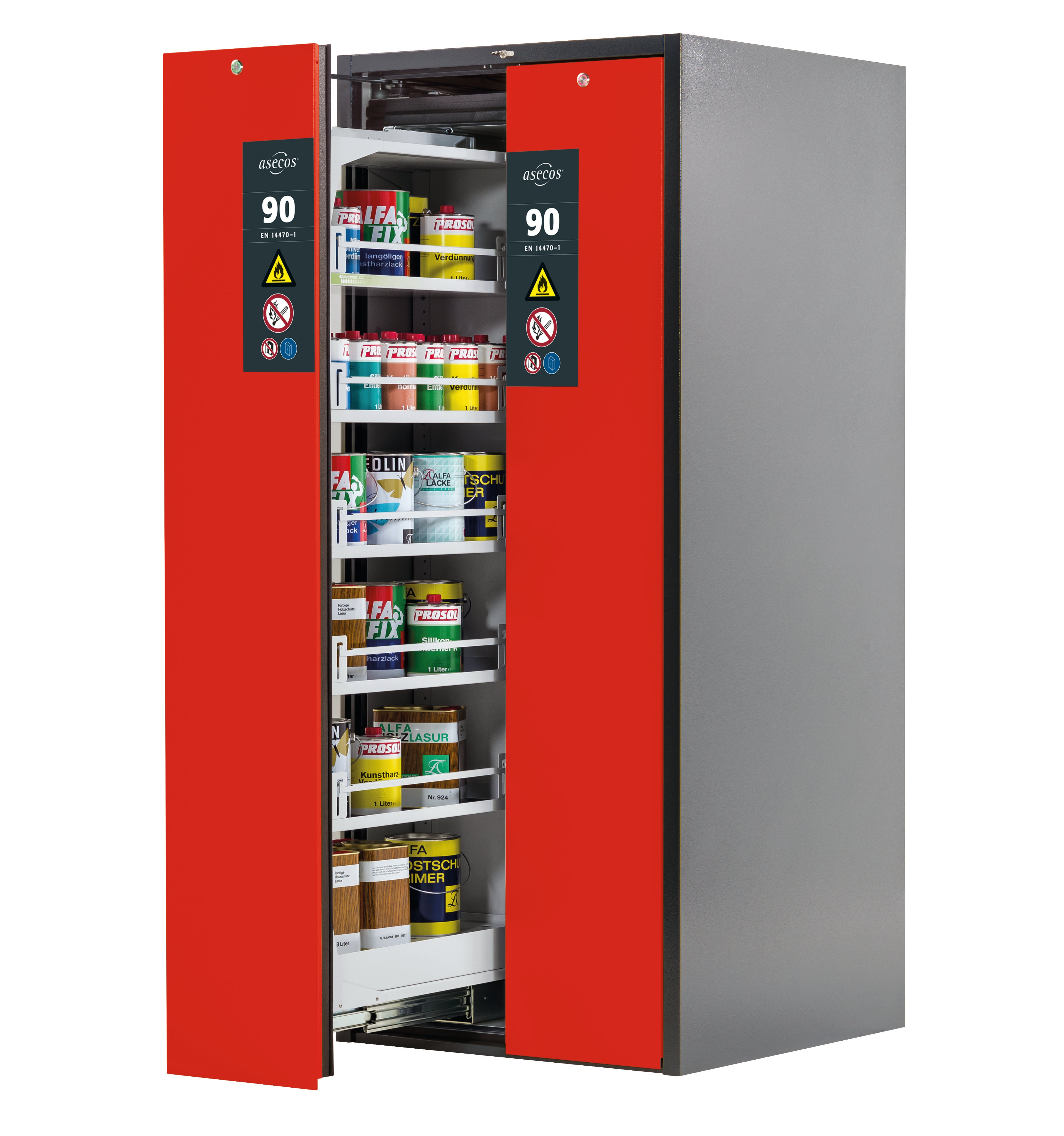 Type 90 safety cabinet V-MOVE-90 model V90.196.081.VDAC:0013 in traffic red RAL 3020 with 5x standard shelves (sheet steel)