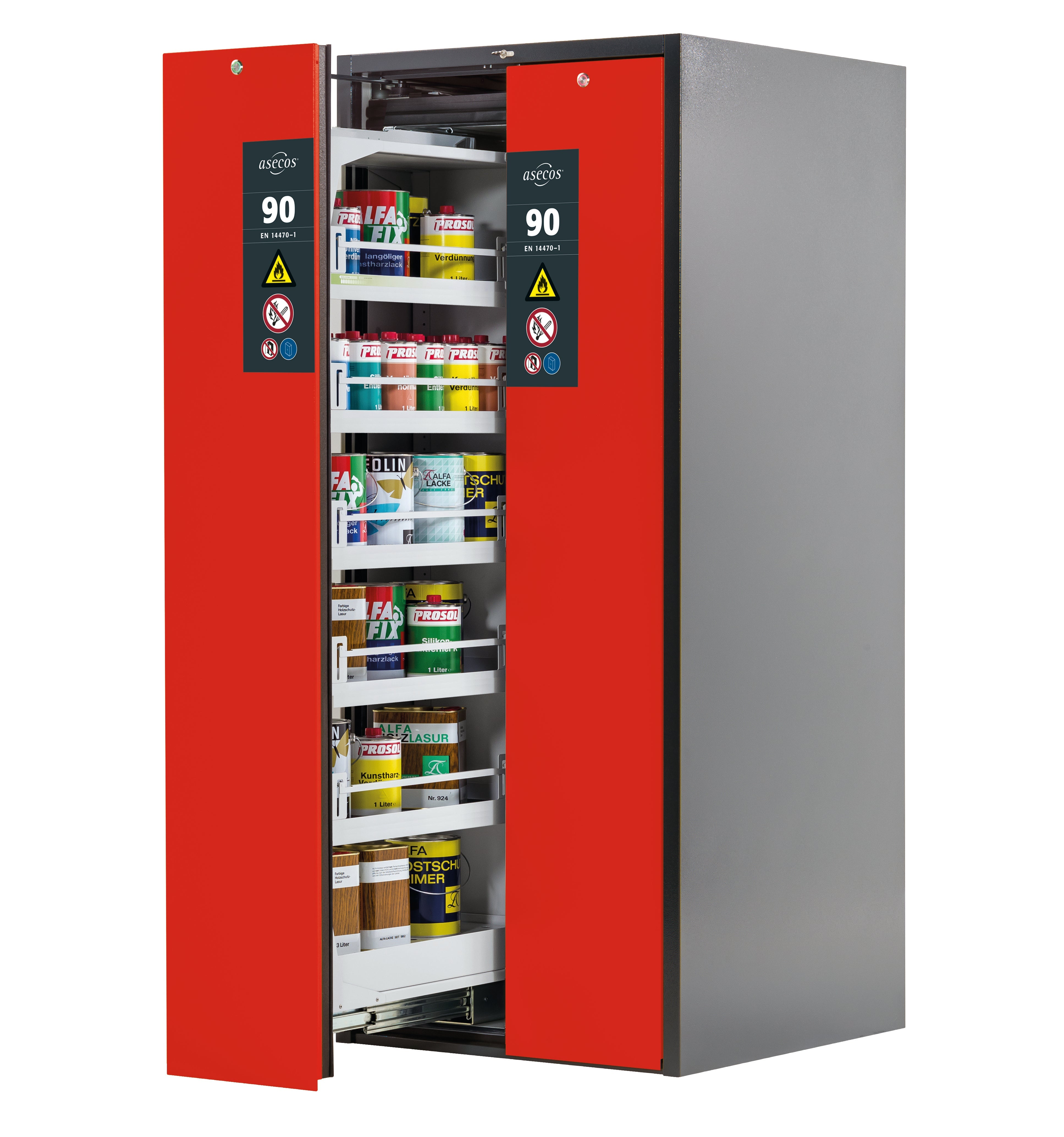 Type 90 safety cabinet V-MOVE-90 model V90.196.081.VDAC:0013 in traffic red RAL 3020 with 5x standard tray base (sheet steel)