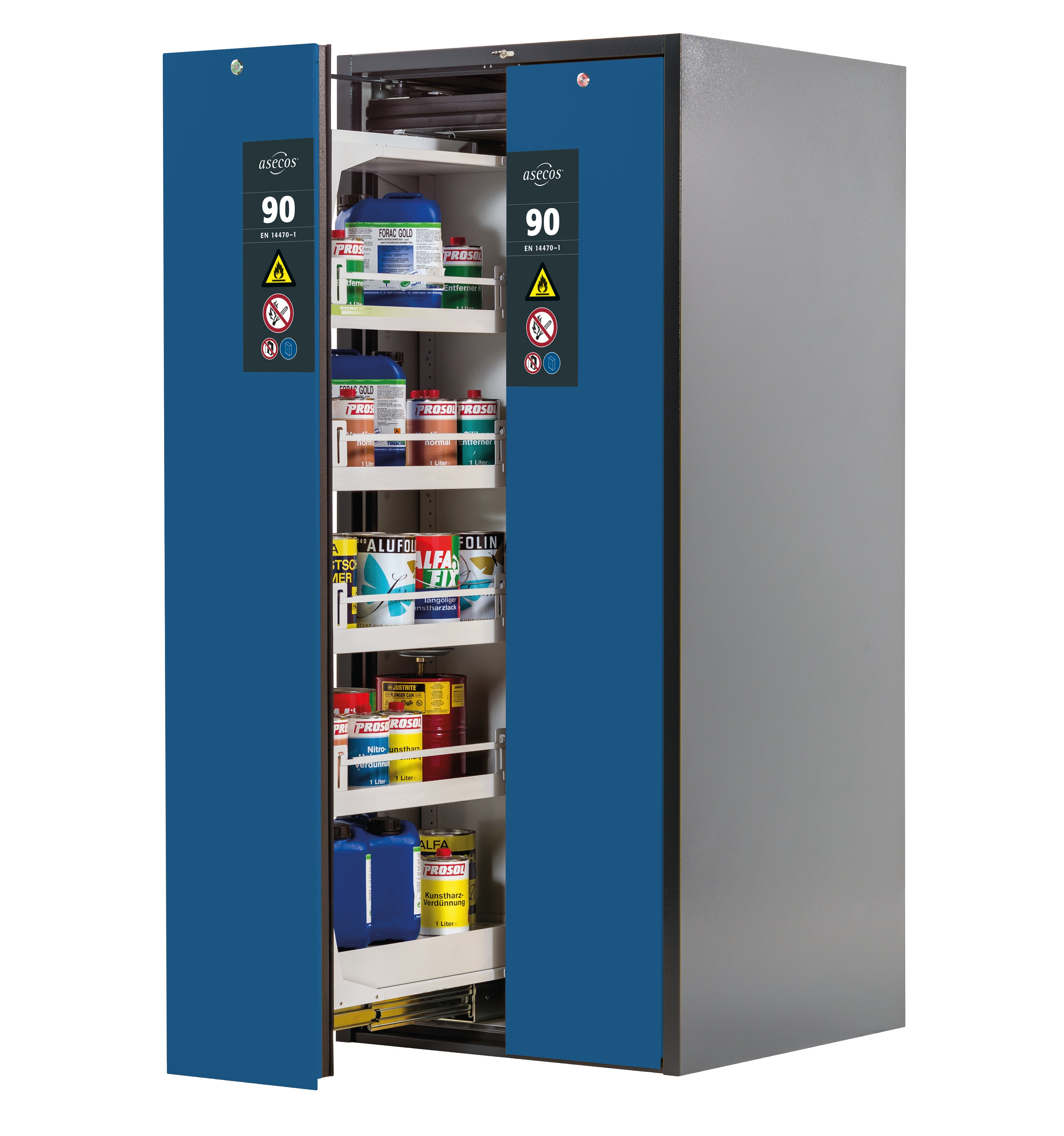 Type 90 safety cabinet V-MOVE-90 model V90.196.081.VDAC:0013 in gentian blue RAL 5010 with 4x standard tray base (sheet steel)