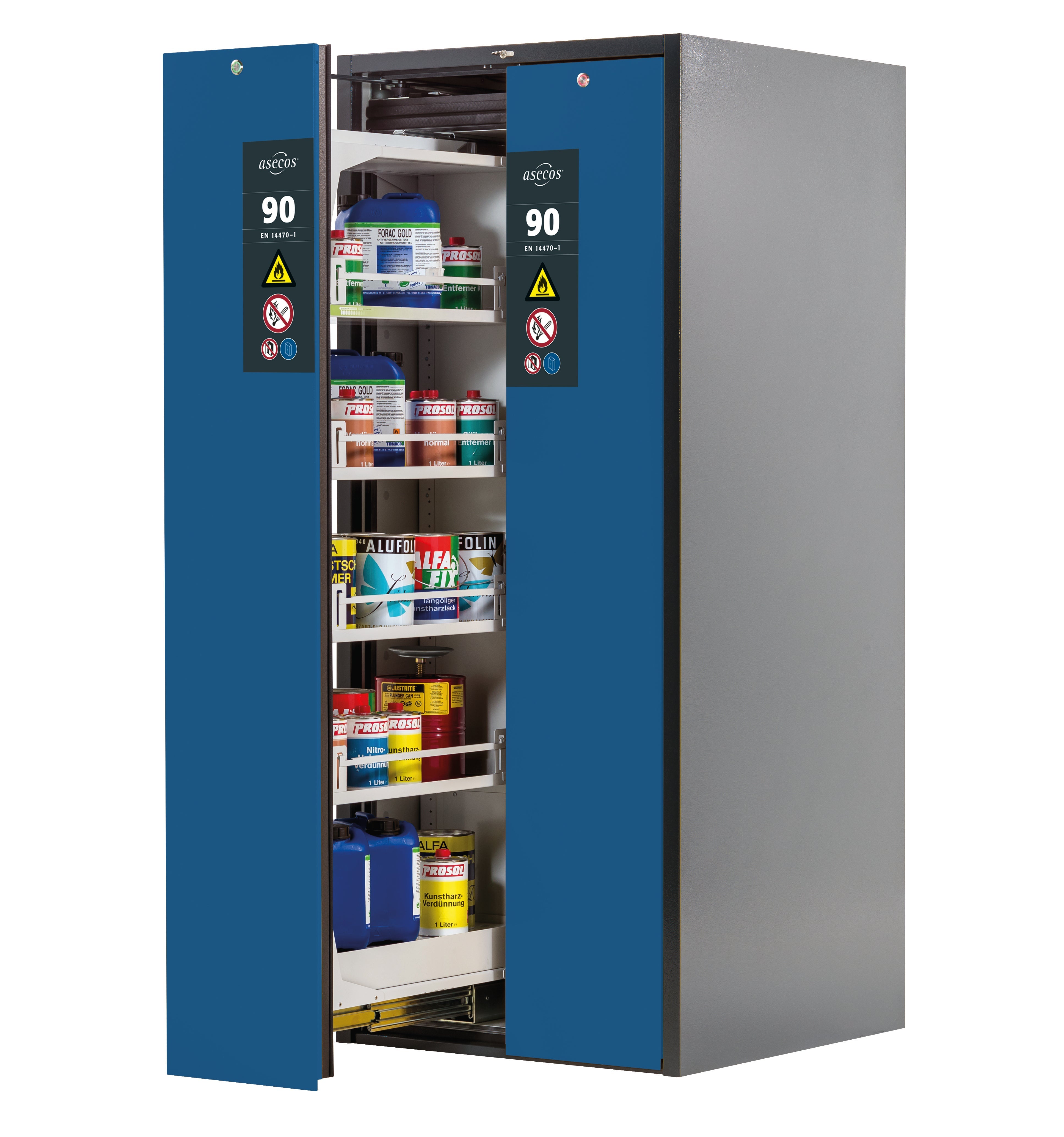 Type 90 safety cabinet V-MOVE-90 model V90.196.081.VDAC:0013 in gentian blue RAL 5010 with 4x standard shelves (sheet steel)
